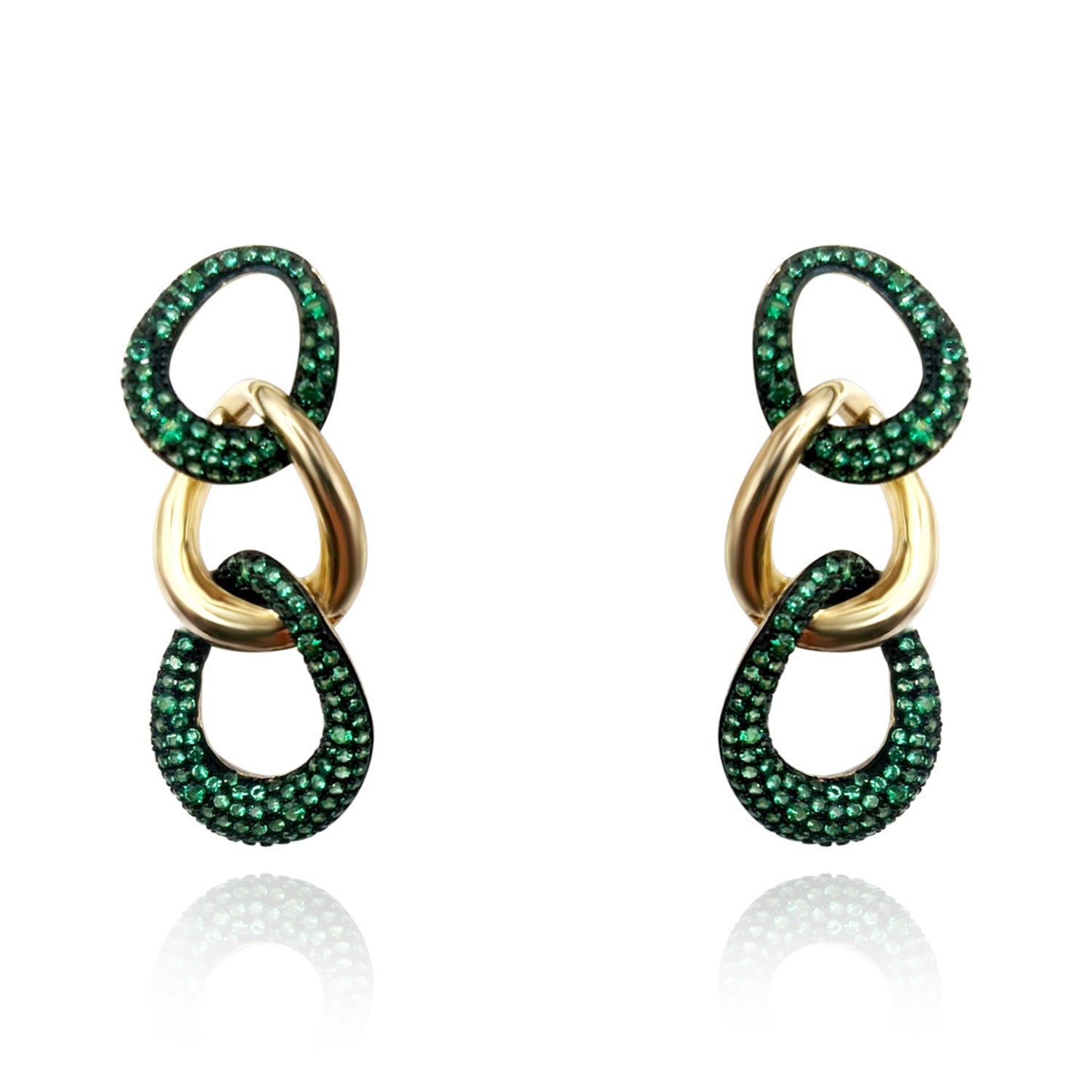 Sterling Silver Vermeil Link Earrings With Emerald Pave