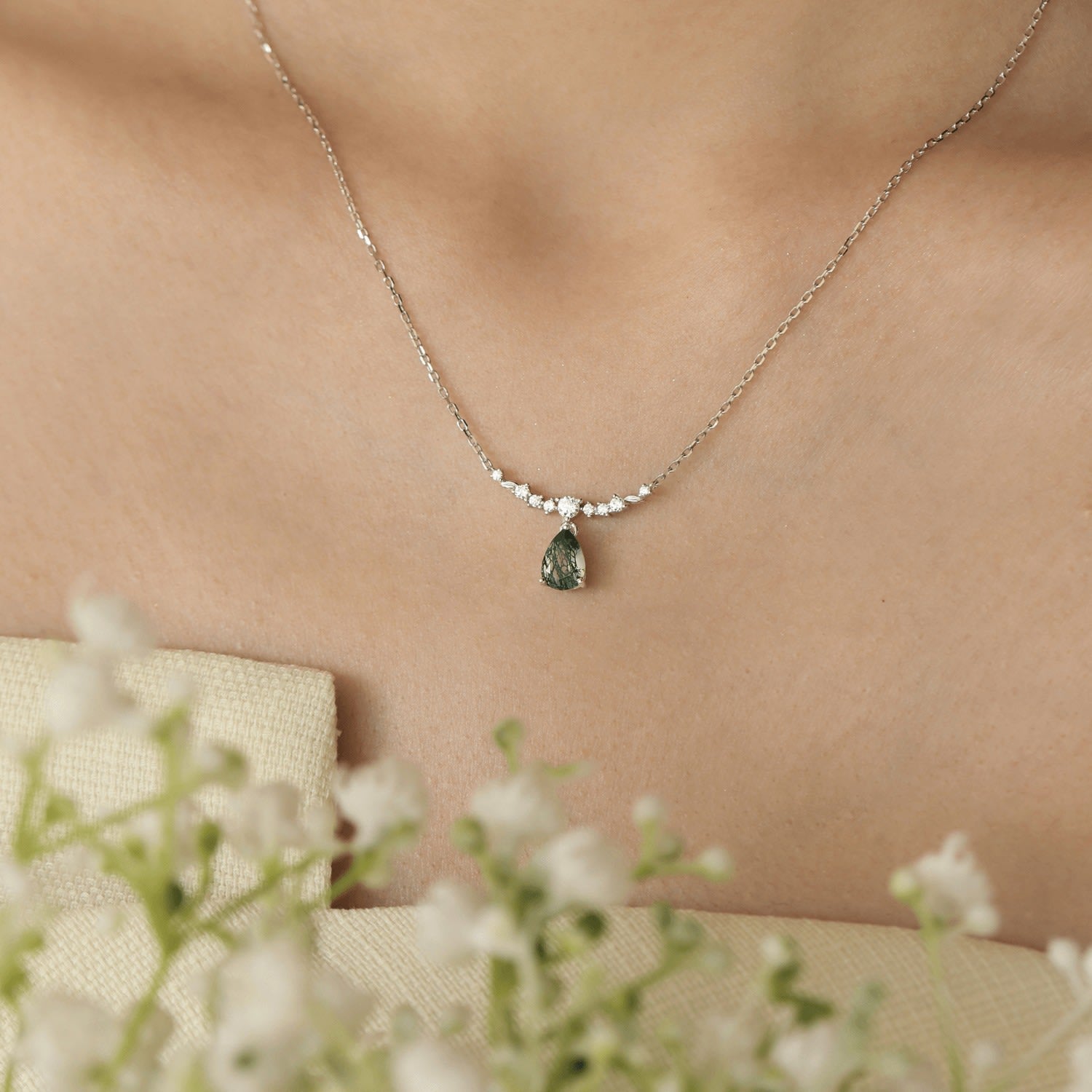 Breezy Whisper Moss Agate Necklace White Gold Vermeil