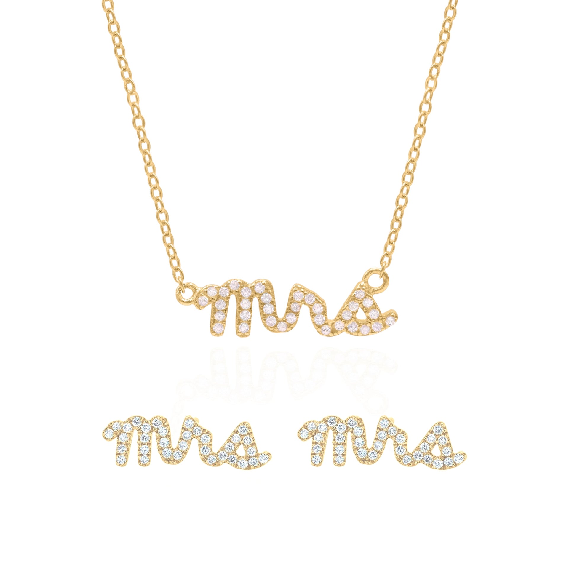 Bride Mrs Gift Set - Earrings & Necklace - Gold Plated