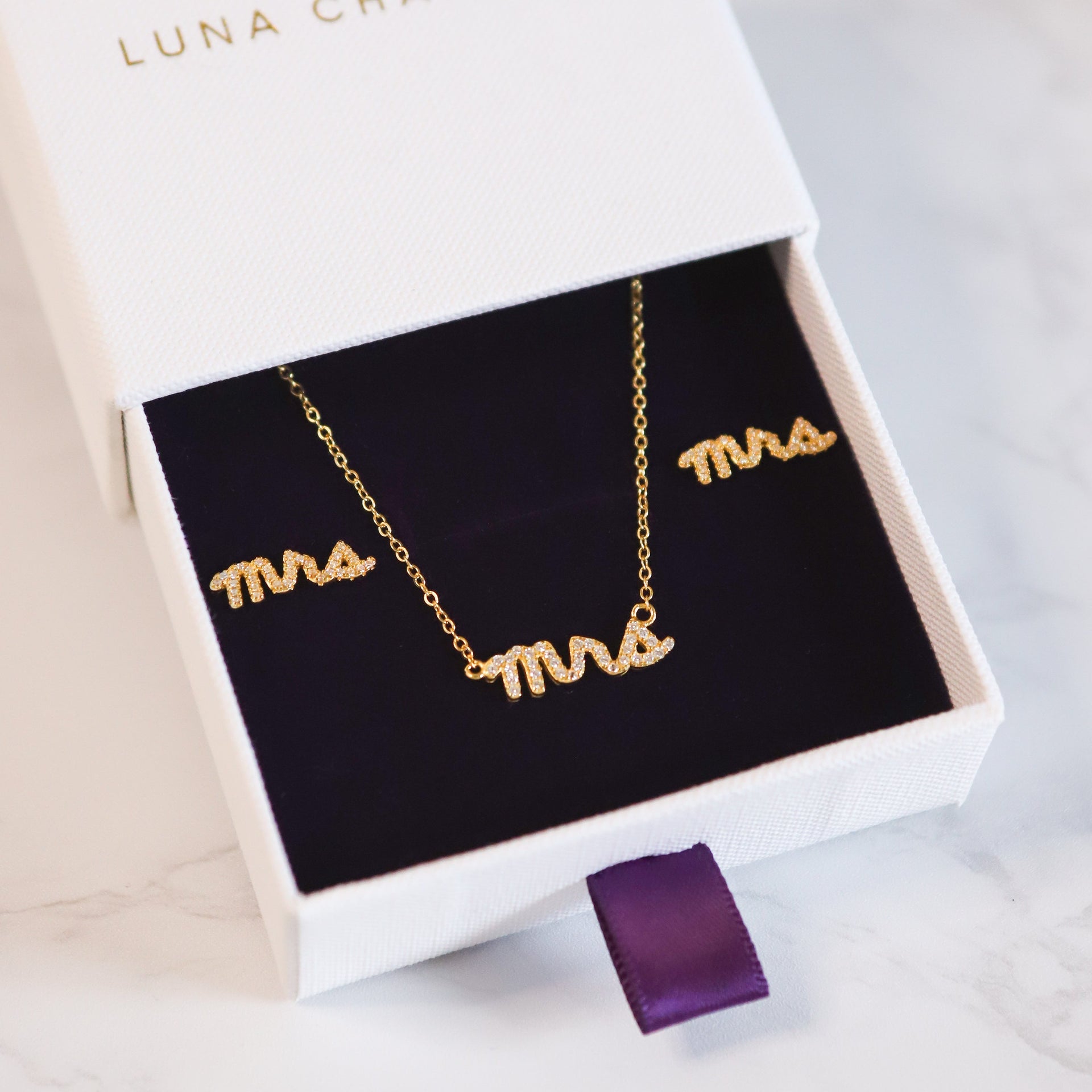 Bride Mrs Gift Set - Earrings & Necklace - Gold Plated