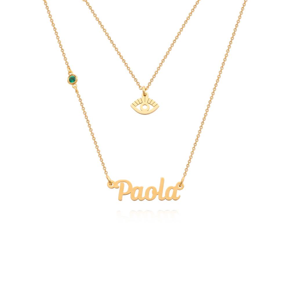 Bridget Evil Eye Layered Name Necklace with Gemstone in 18K Gold Plating