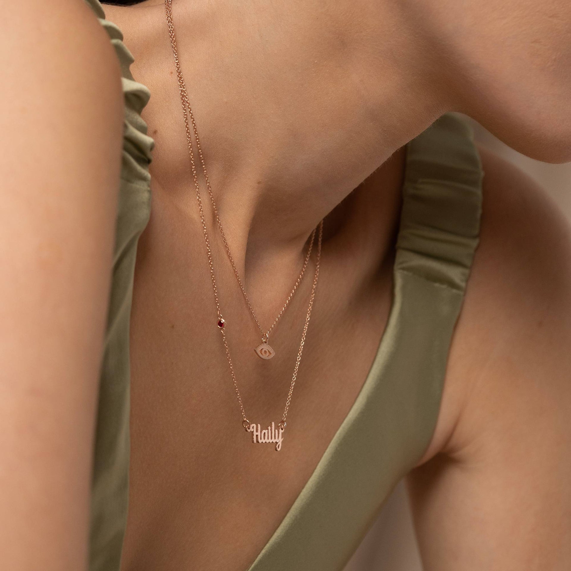Bridget Evil Eye Layered Name Necklace with Gemstone in 18K Rose Gold Plating
