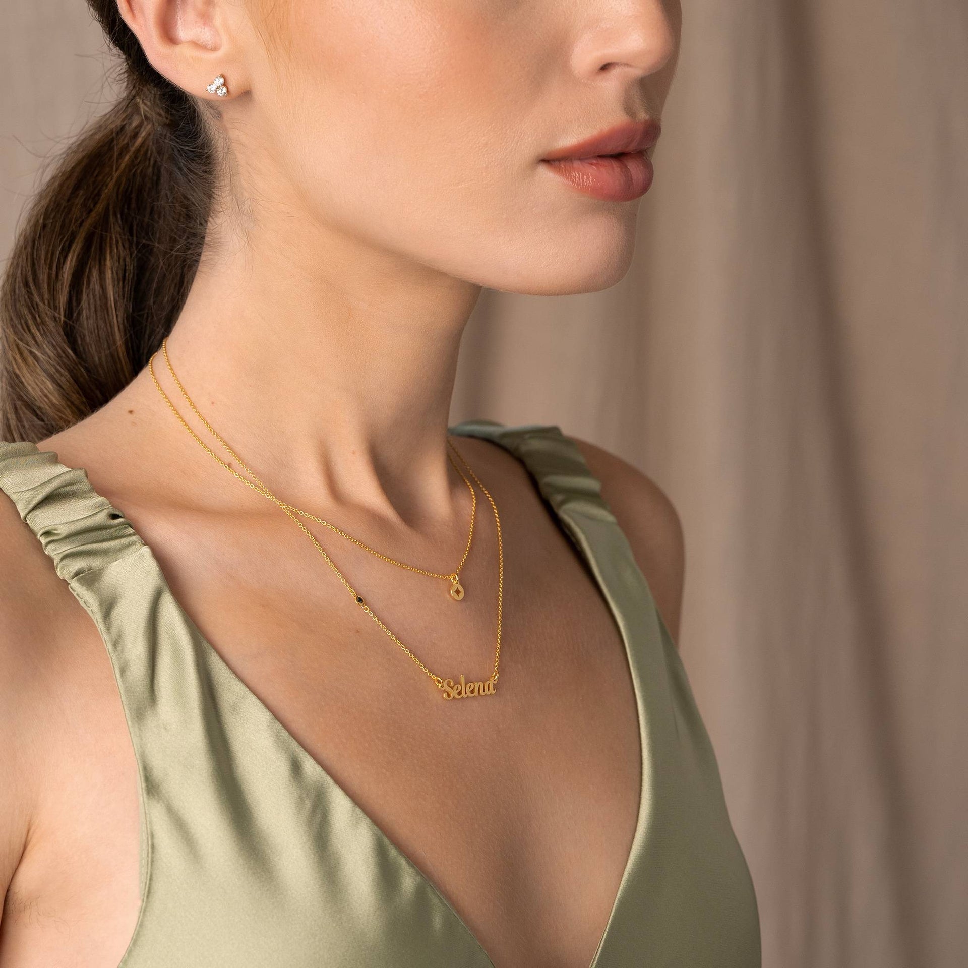 Bridget Star Layered Name Necklace with Gemstone in 18K Gold Plating