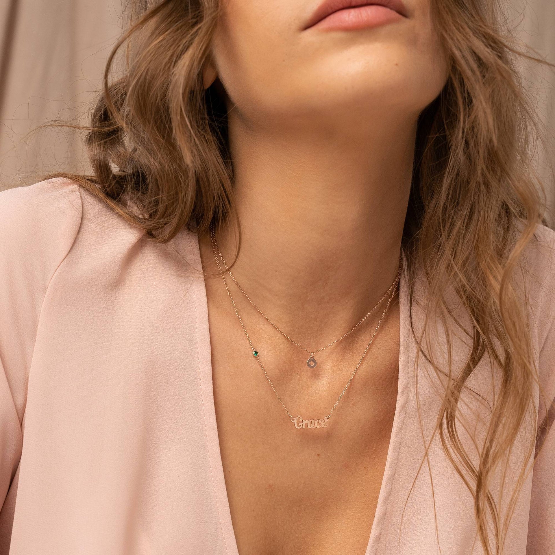Bridget Star Layered Name Necklace with Gemstone in 18K Rose Gold Plating