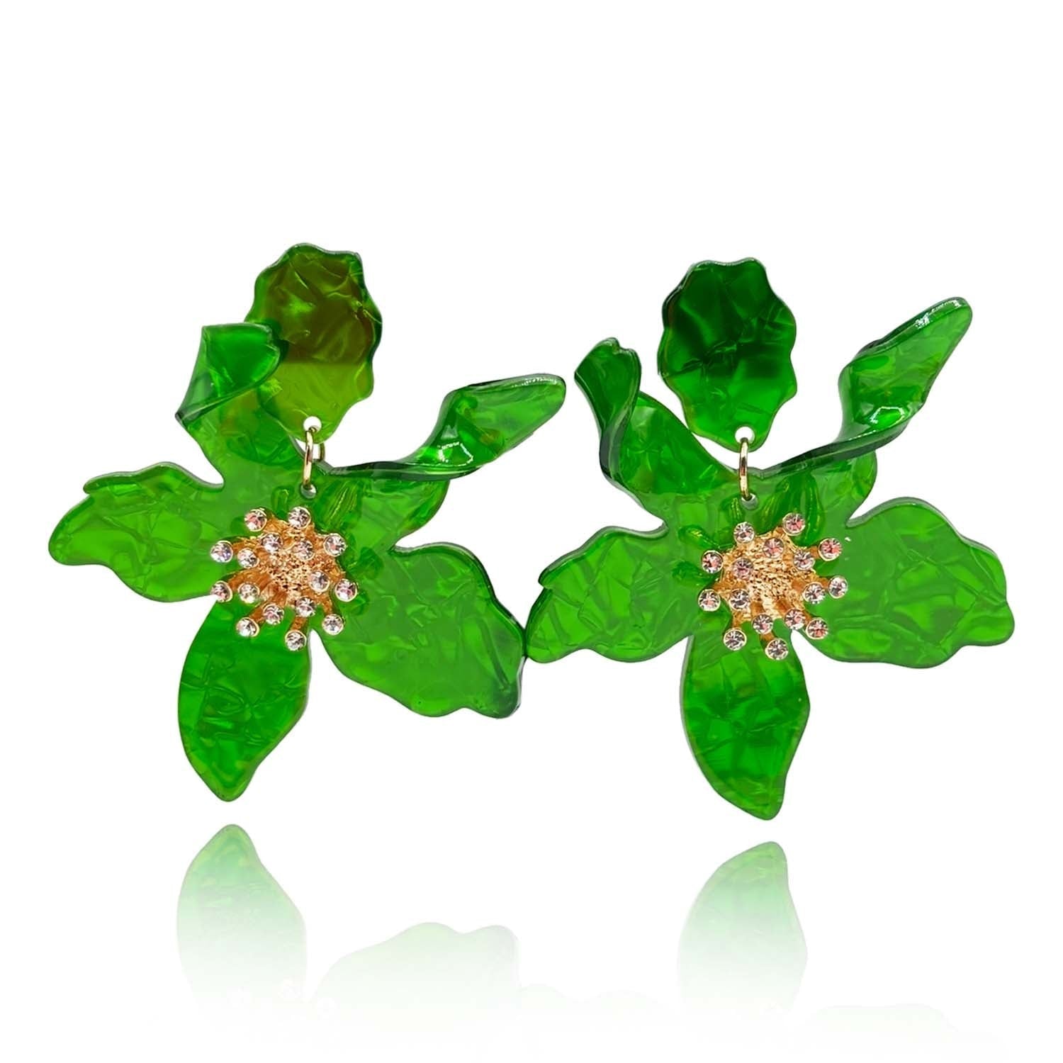 Bright Green Floral Resin Drop Earrings