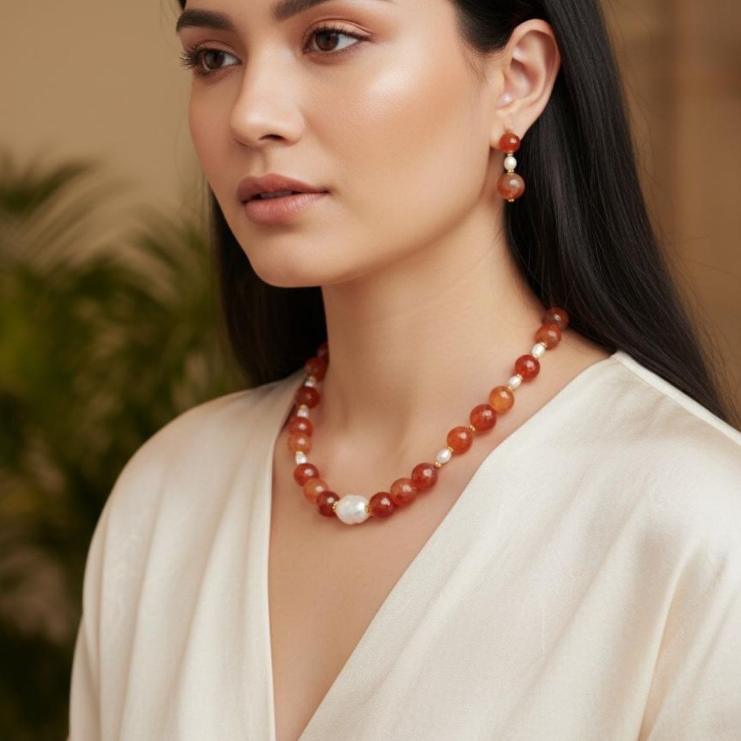 Brown Agate & Pearl Statement Necklace