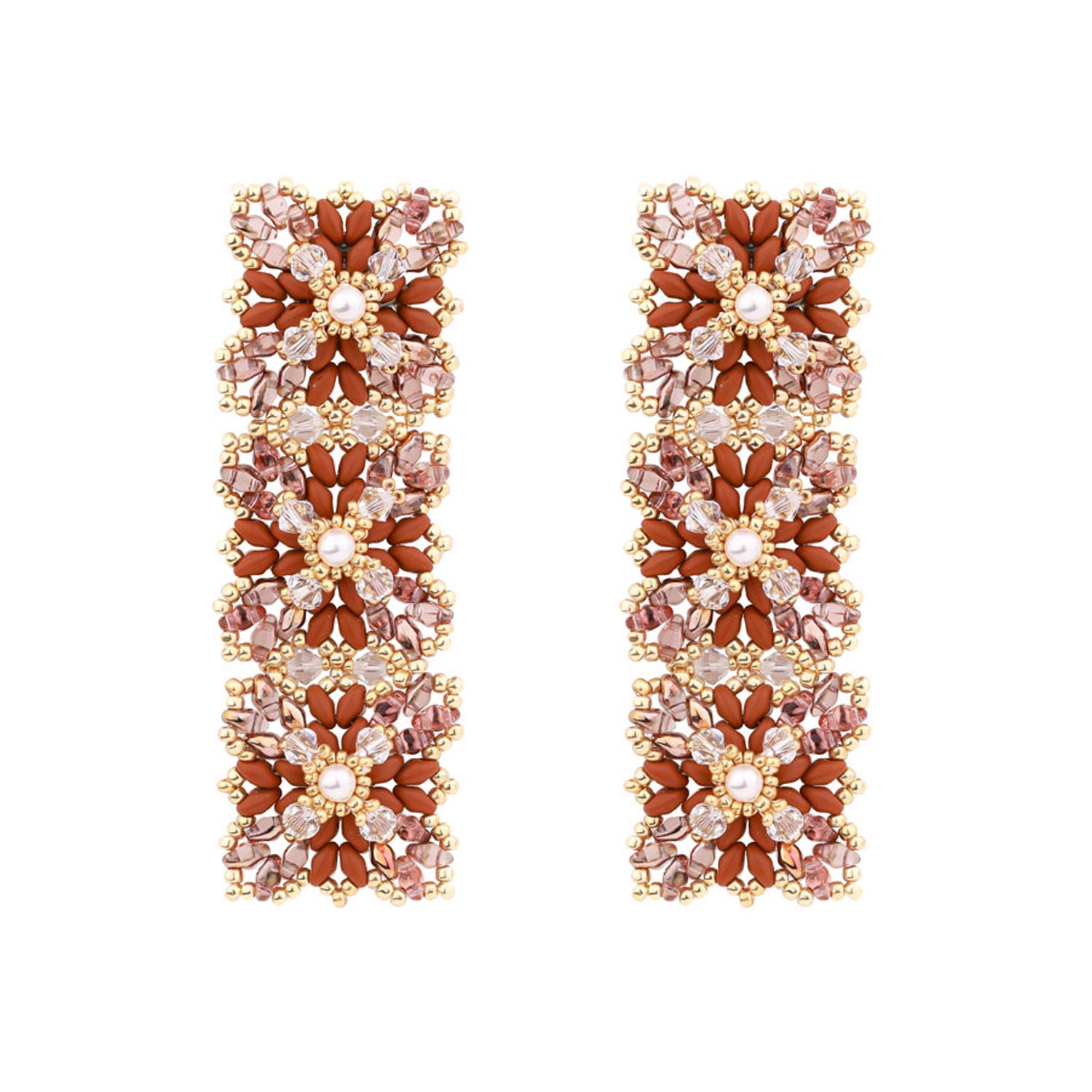 Brown Glass Beads & Silver Lace Design Long Elegant Earrings