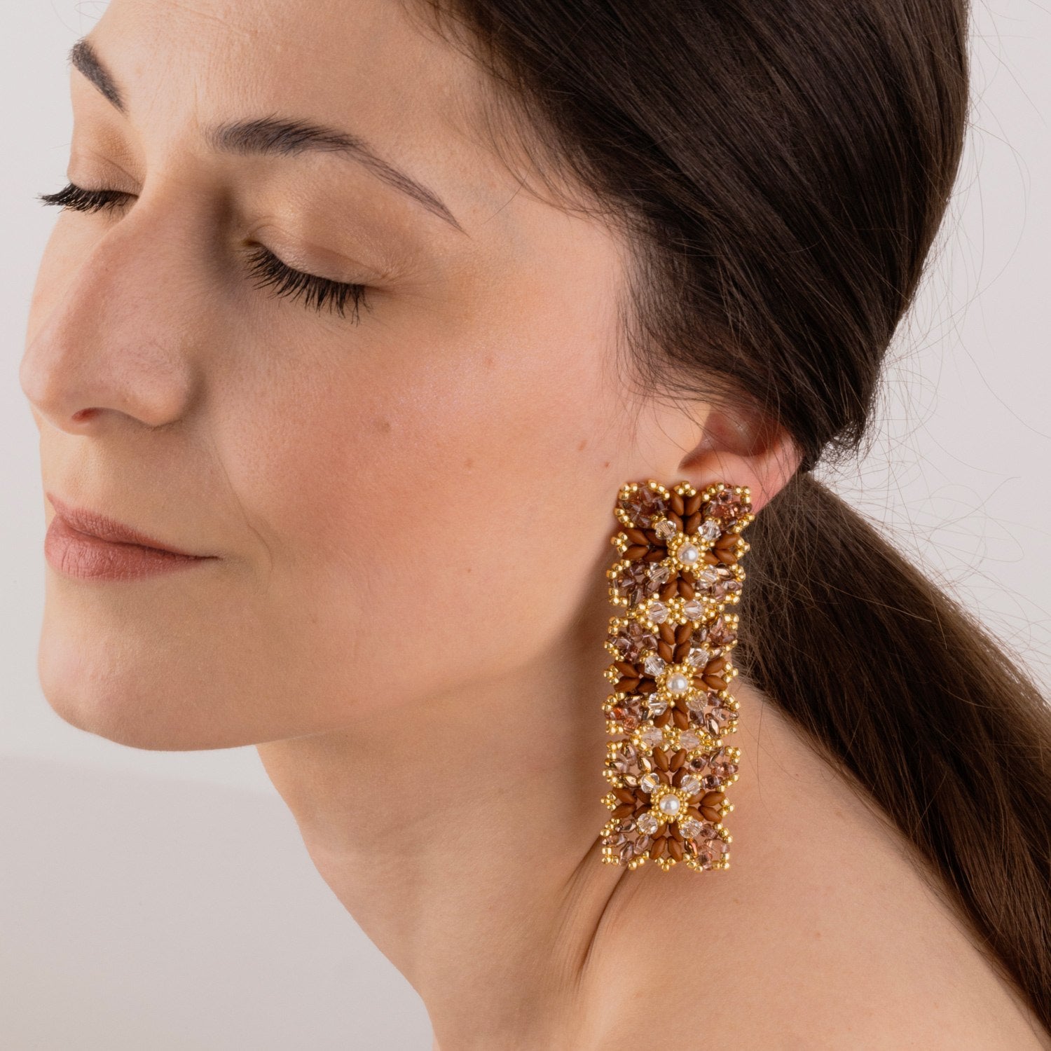 Brown Glass Beads & Silver Lace Design Long Elegant Earrings