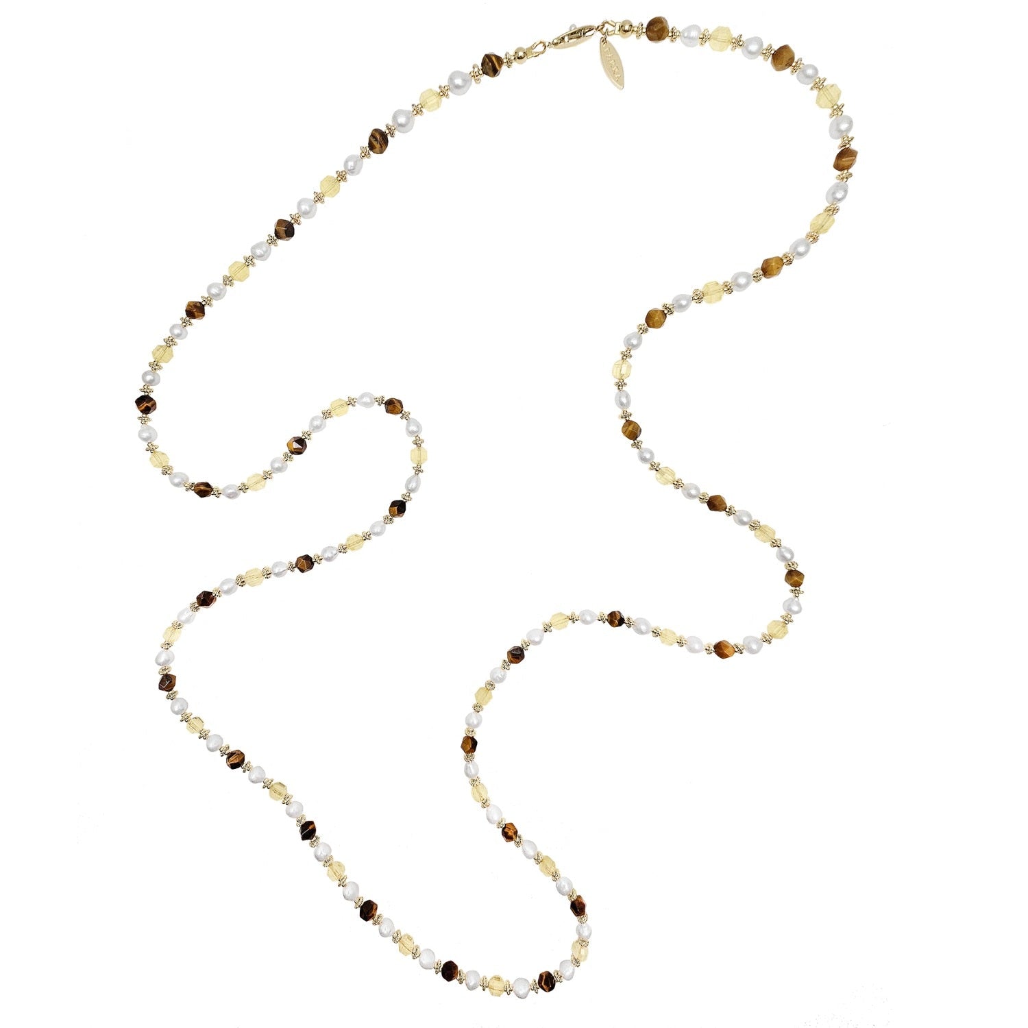Brown Tiger-Eye And Yellow Citrine With Freshwater Pearls Long Necklace
