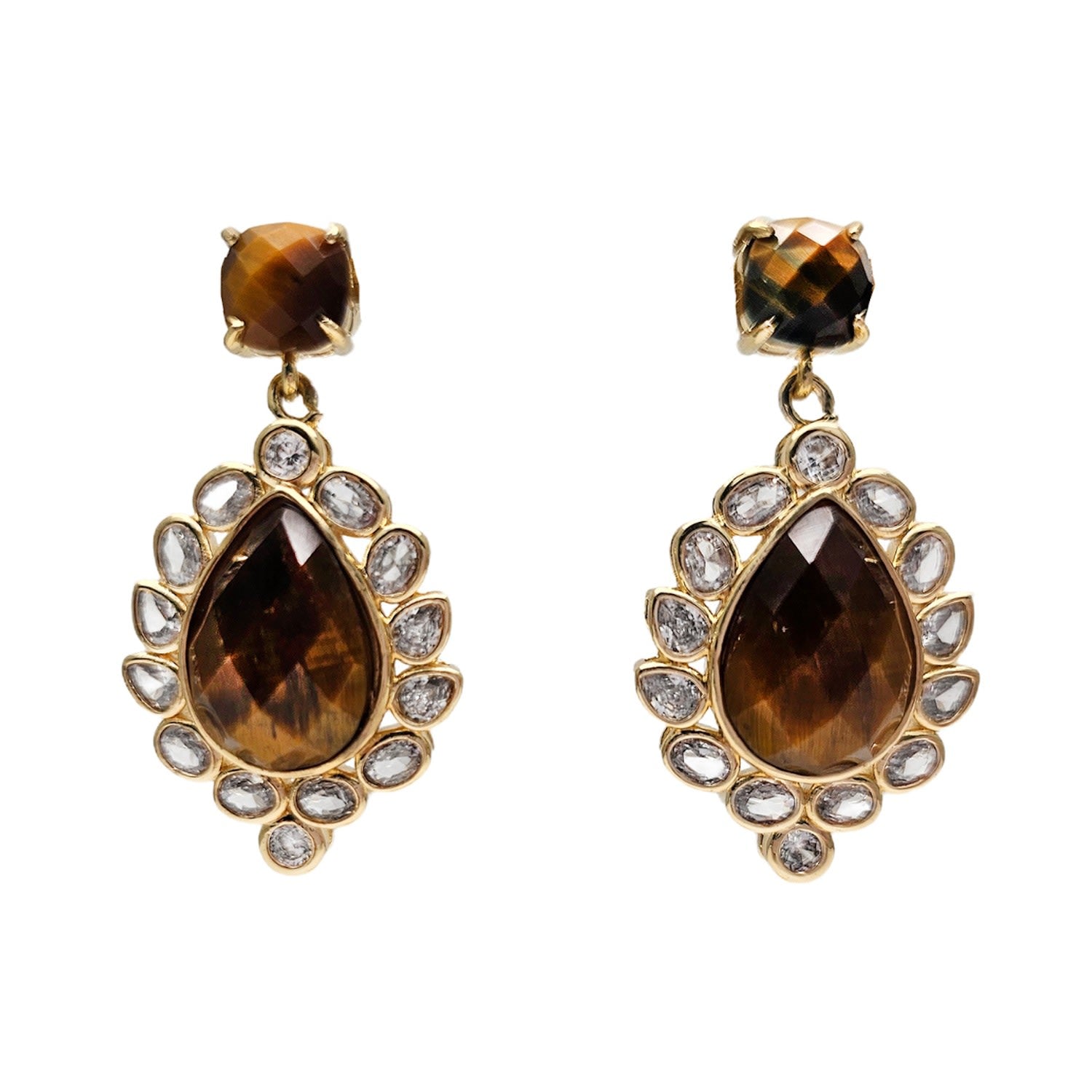 Brown Tiger Eye Stone With Zircon Statement Earrings
