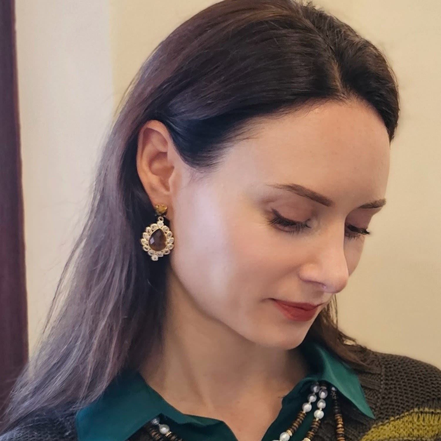 Brown Tiger Eye Stone With Zircon Statement Earrings