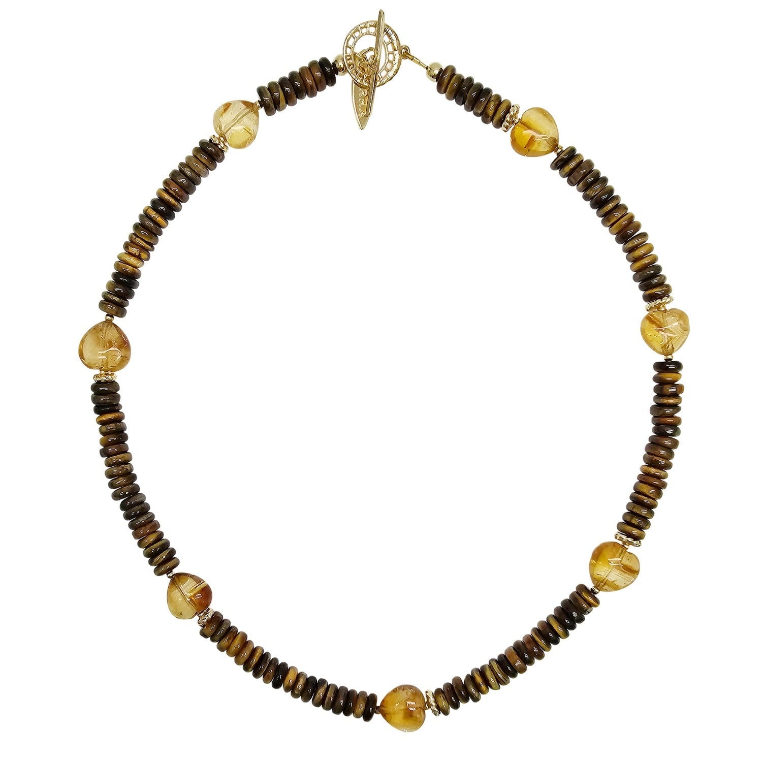 Brown Tiger-Eye With Heart Shaped Citrine Short Necklace