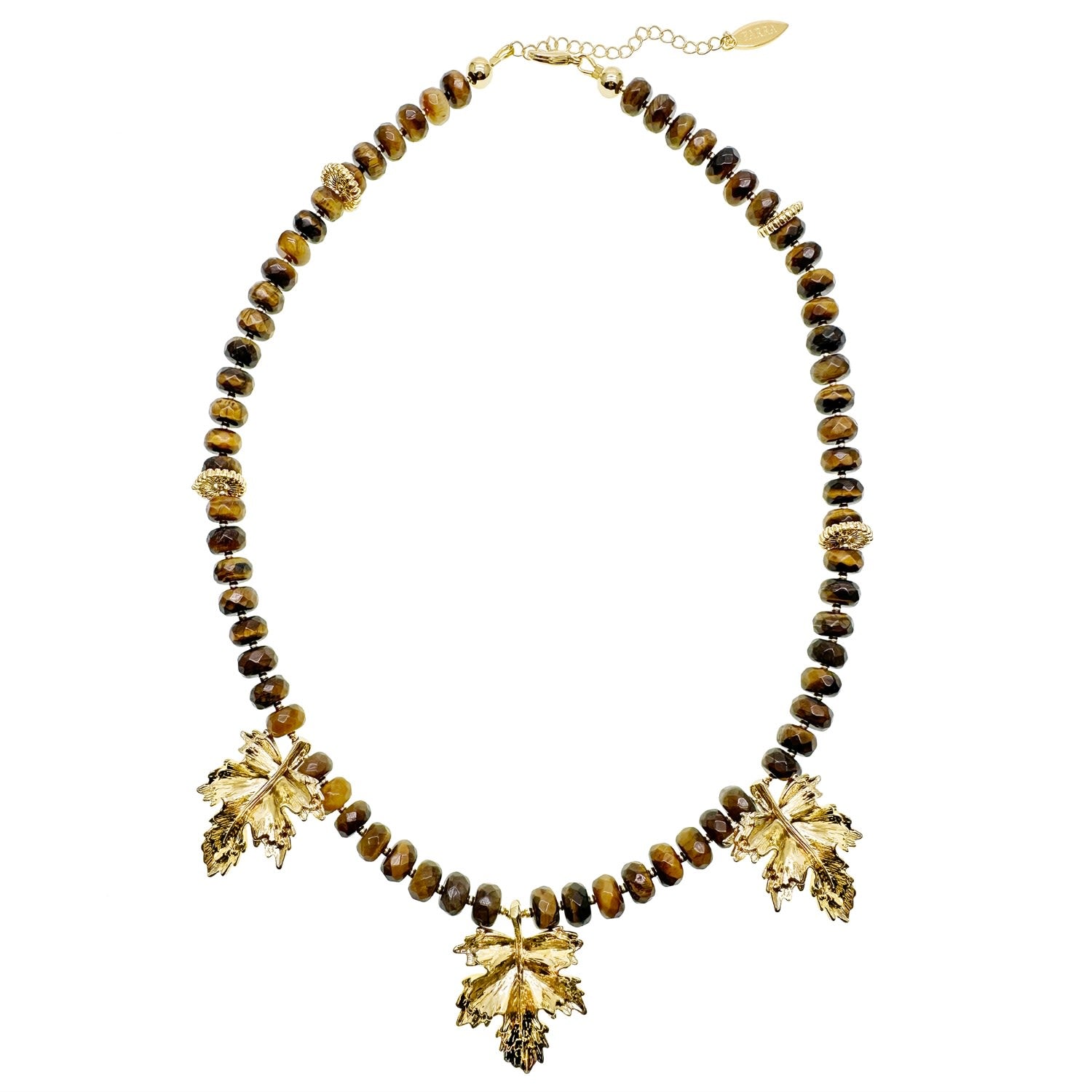 Brown Tiger Eye With Maple Leaves Pendants Statement Necklace
