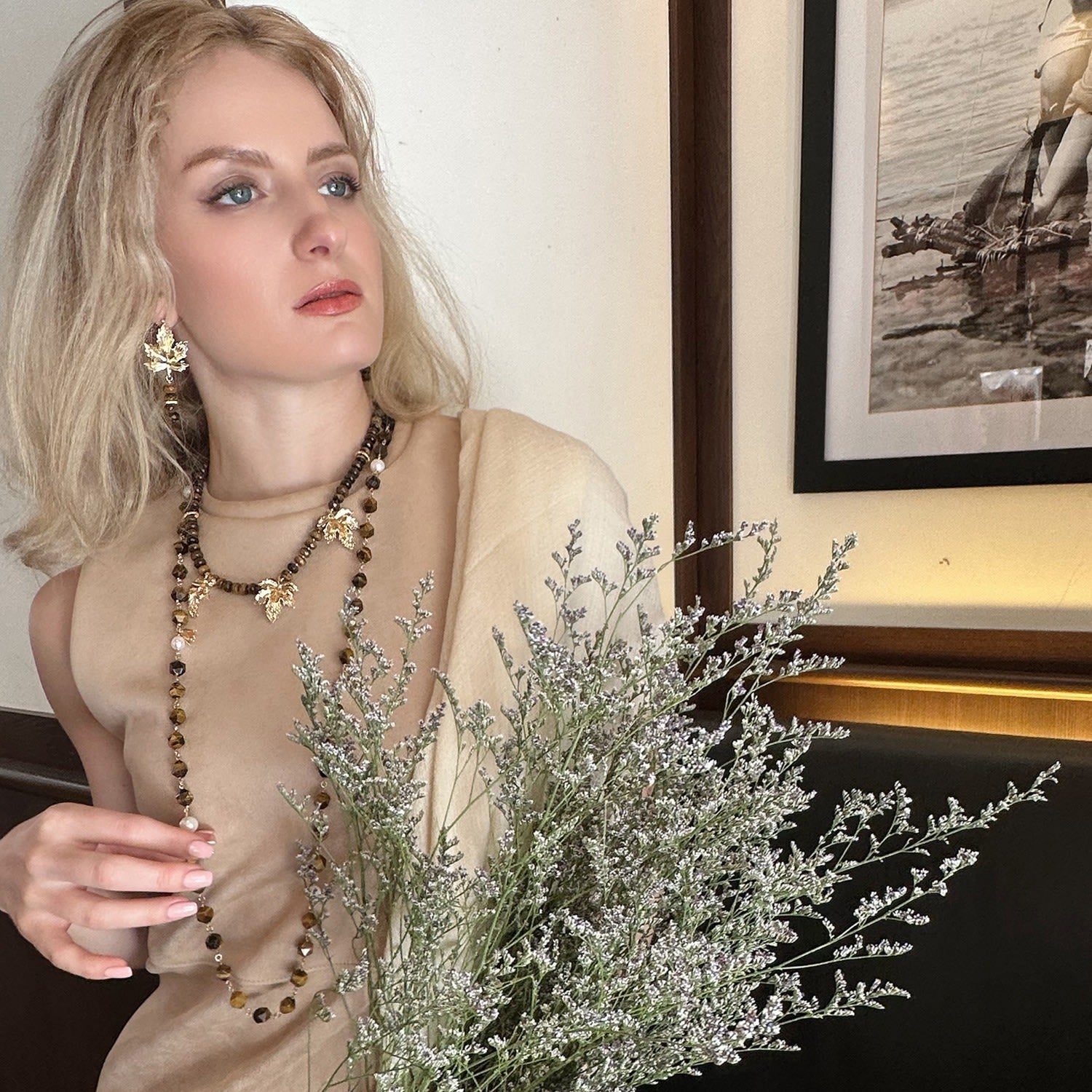 Brown Tiger Eye With Maple Leaves Pendants Statement Necklace