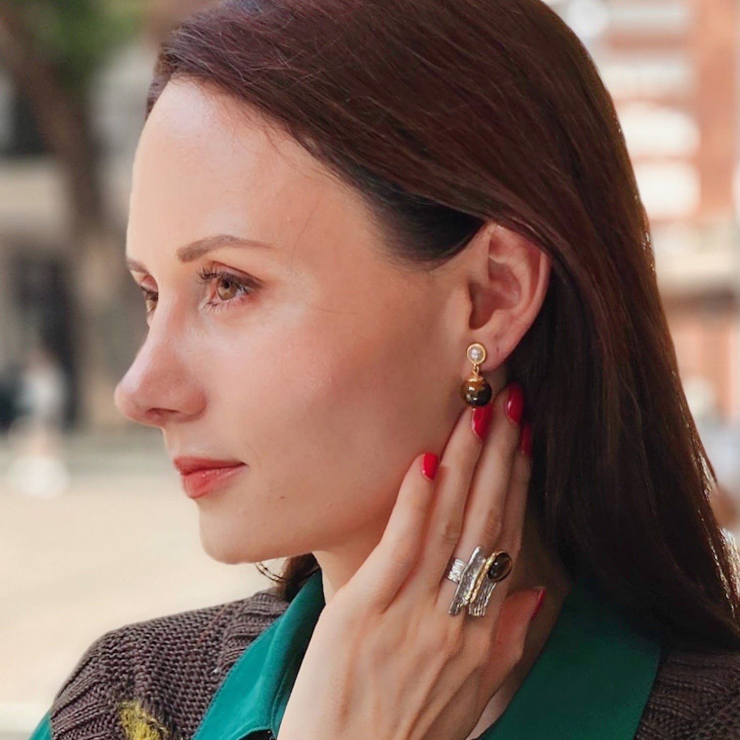 Brown Tiger Eye With Pearl Clip-On Earrings