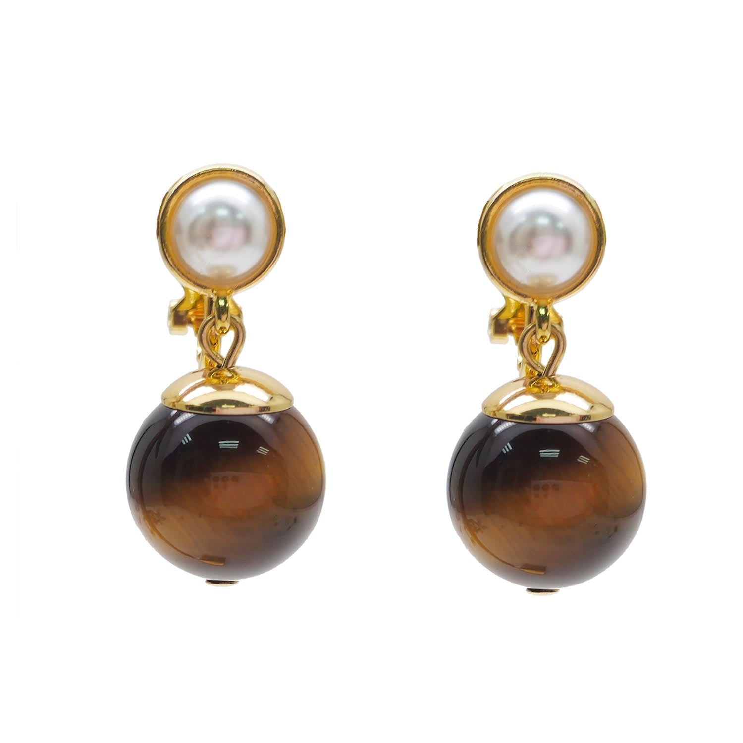 Brown Tiger Eye With Pearl Clip-On Earrings
