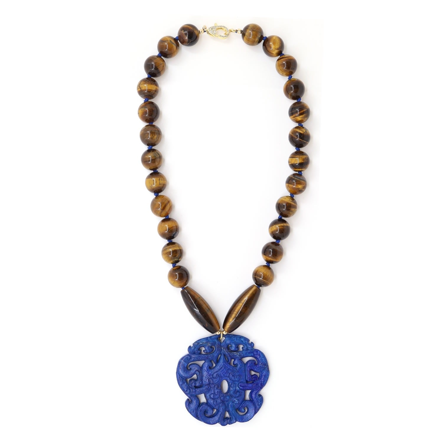 Brown Tiger's Eye & Blue Jade Carved Pendant Statement Necklace