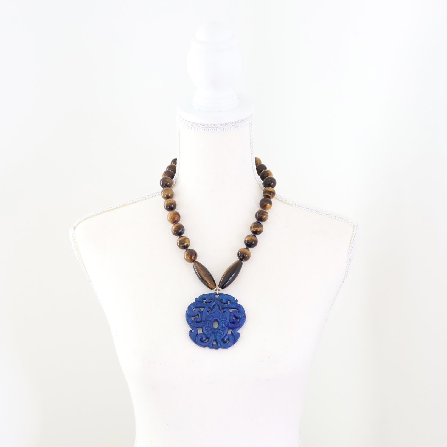 Brown Tiger's Eye & Blue Jade Carved Pendant Statement Necklace