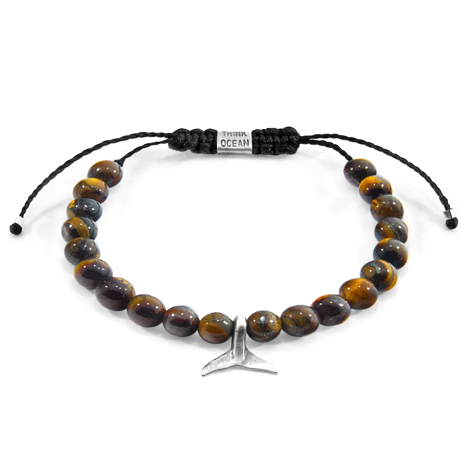 Brown Tigers Eye Think Ocean Mini Whale Silver & Stone Macrame Bracelet - Women