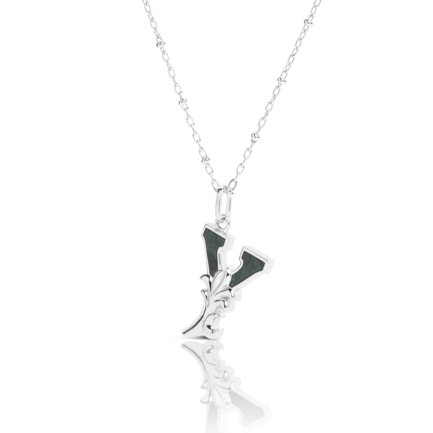 Solid Silver Y Initial Necklace With Green Marble