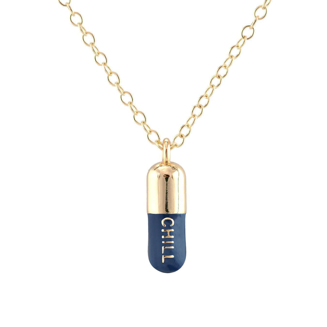 Chill Pill Enamel Necklace Gold Filled, Navy Blue