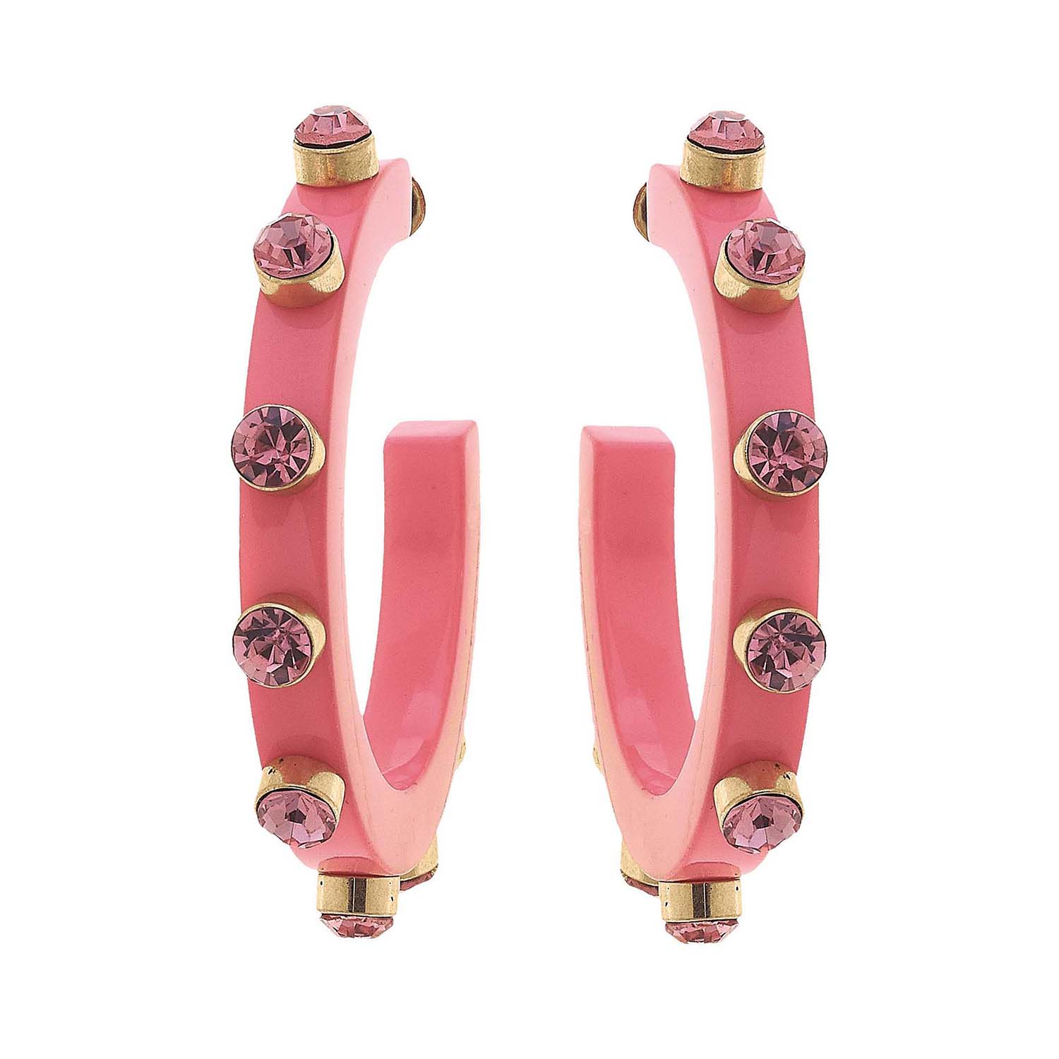 Bubble Gum Pink Translucent Resin Hoop Earrings With Rose Crystal Accents