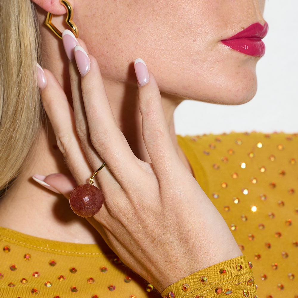Bubble Strawberry Quartz Gold Ring - Size Adjustable