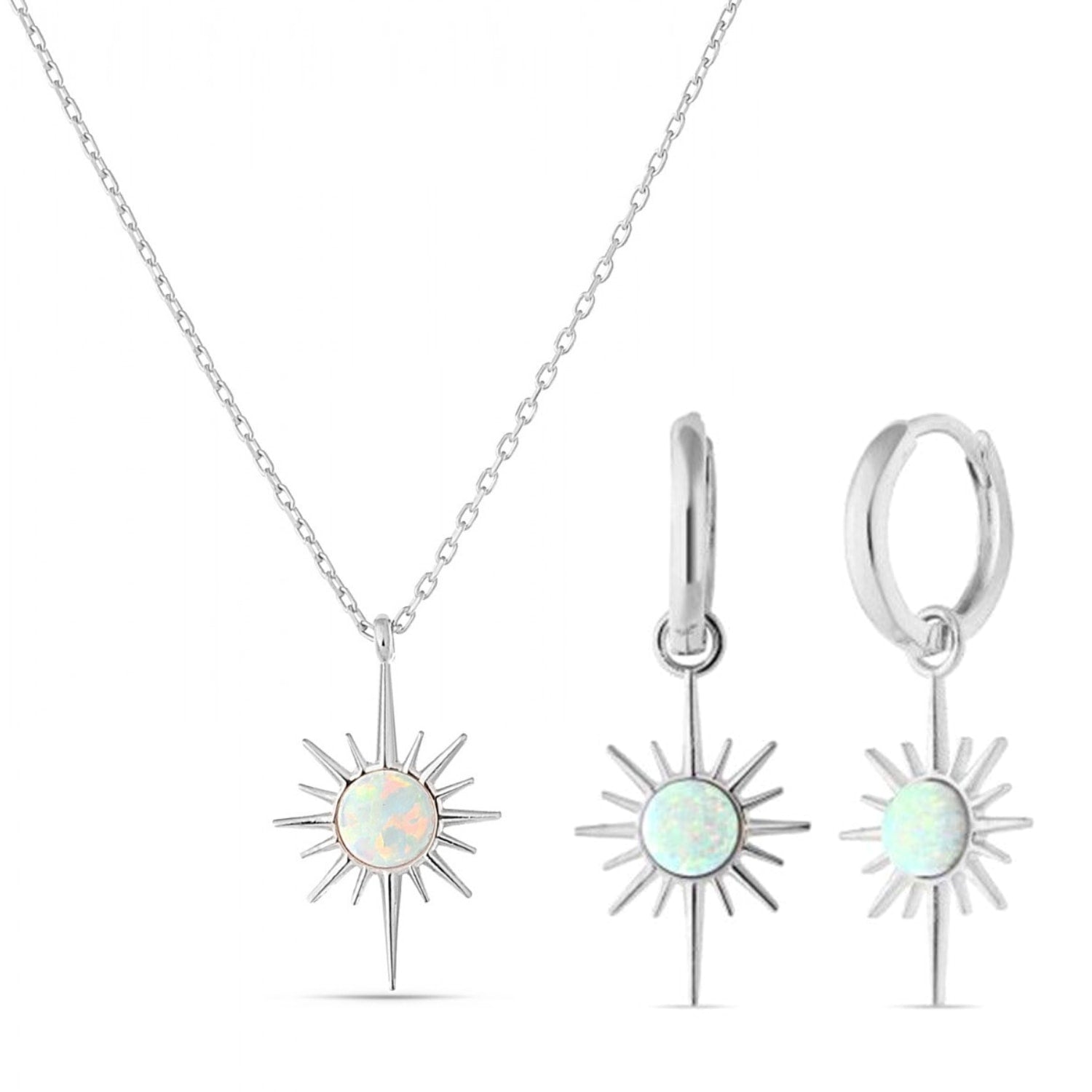 Opal Northernstar Drop Hoop Earring & Necklace Sterling Silver Set - Silver