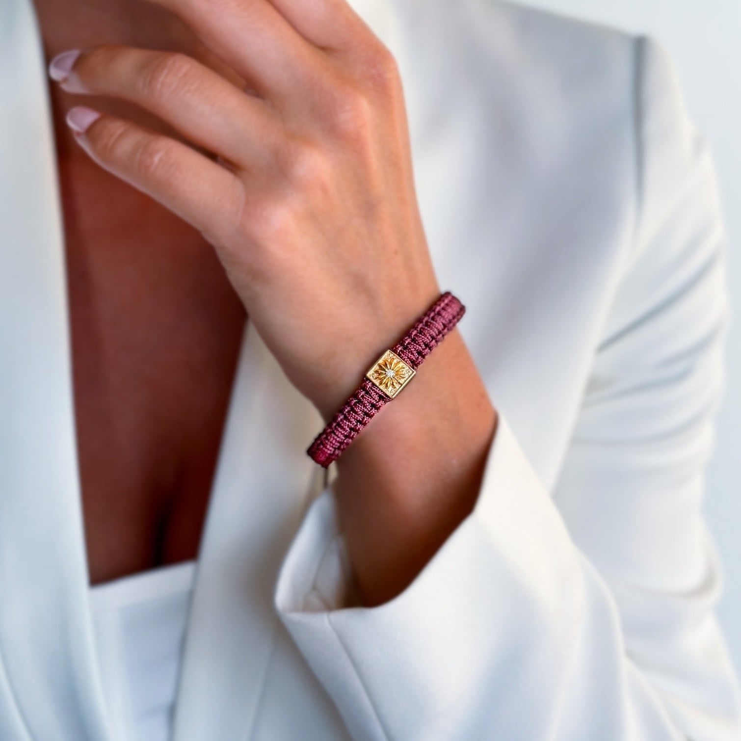 Burgundy Macrame Bracelet In Gold