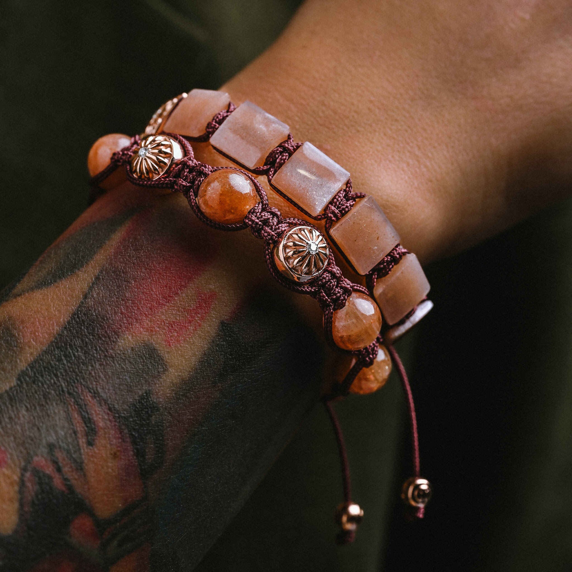 Bordeaux Macramé Bracelet With Sunstone In Rose Gold - The Maverick