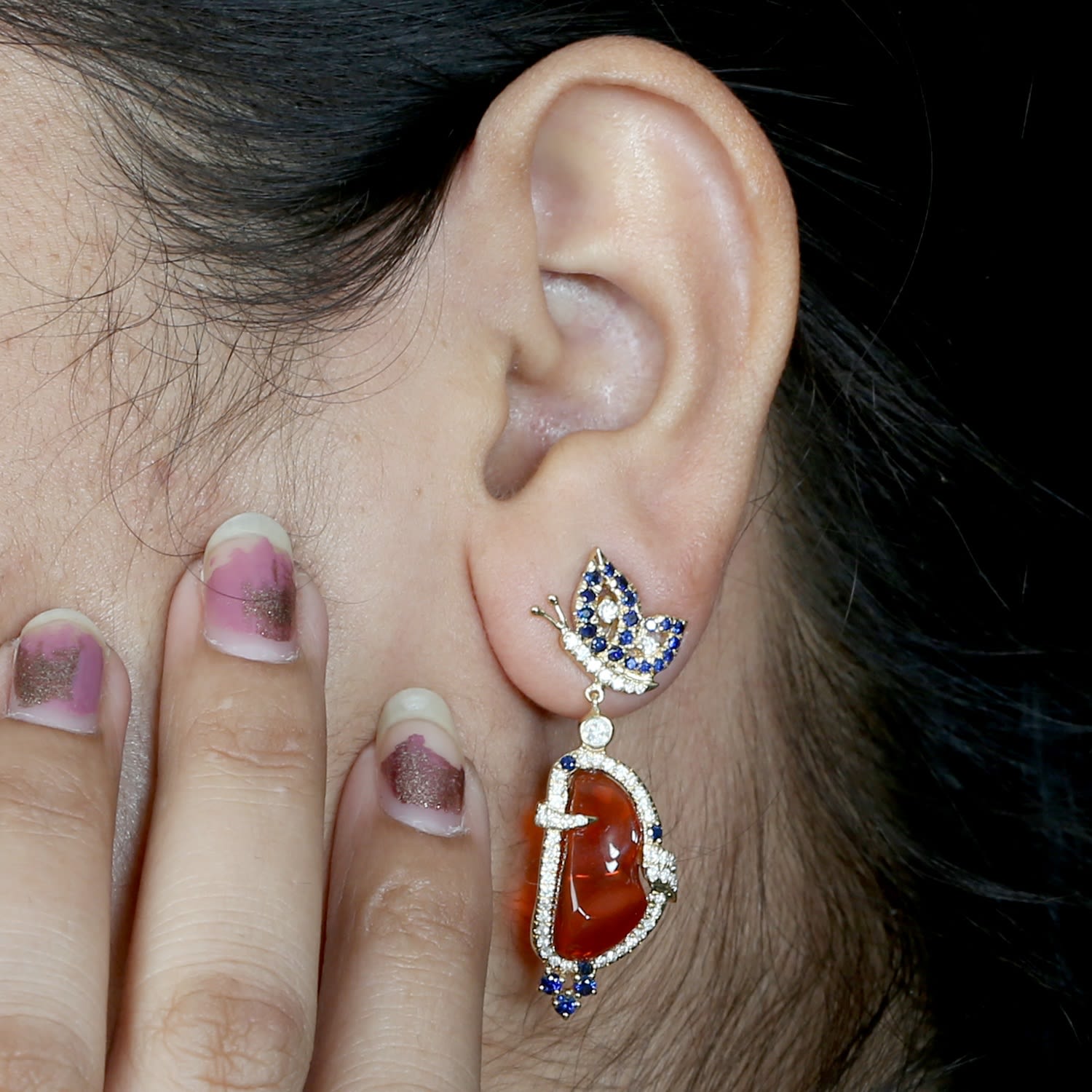 Butterfly Earrings In Gold – Unshaped Fire Opal, Blue Sapphire & Pave Diamond Design