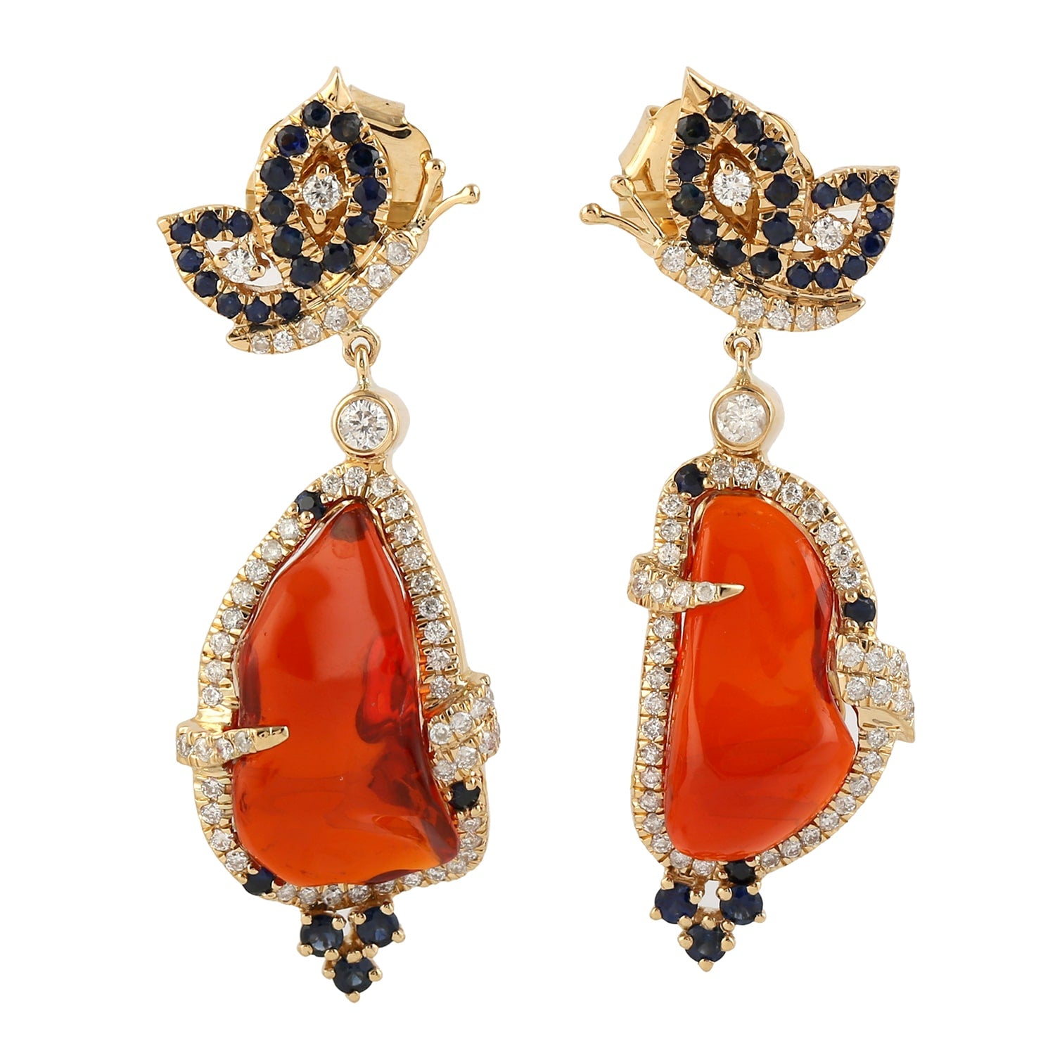 Butterfly Earrings In Gold – Unshaped Fire Opal, Blue Sapphire & Pave Diamond Design