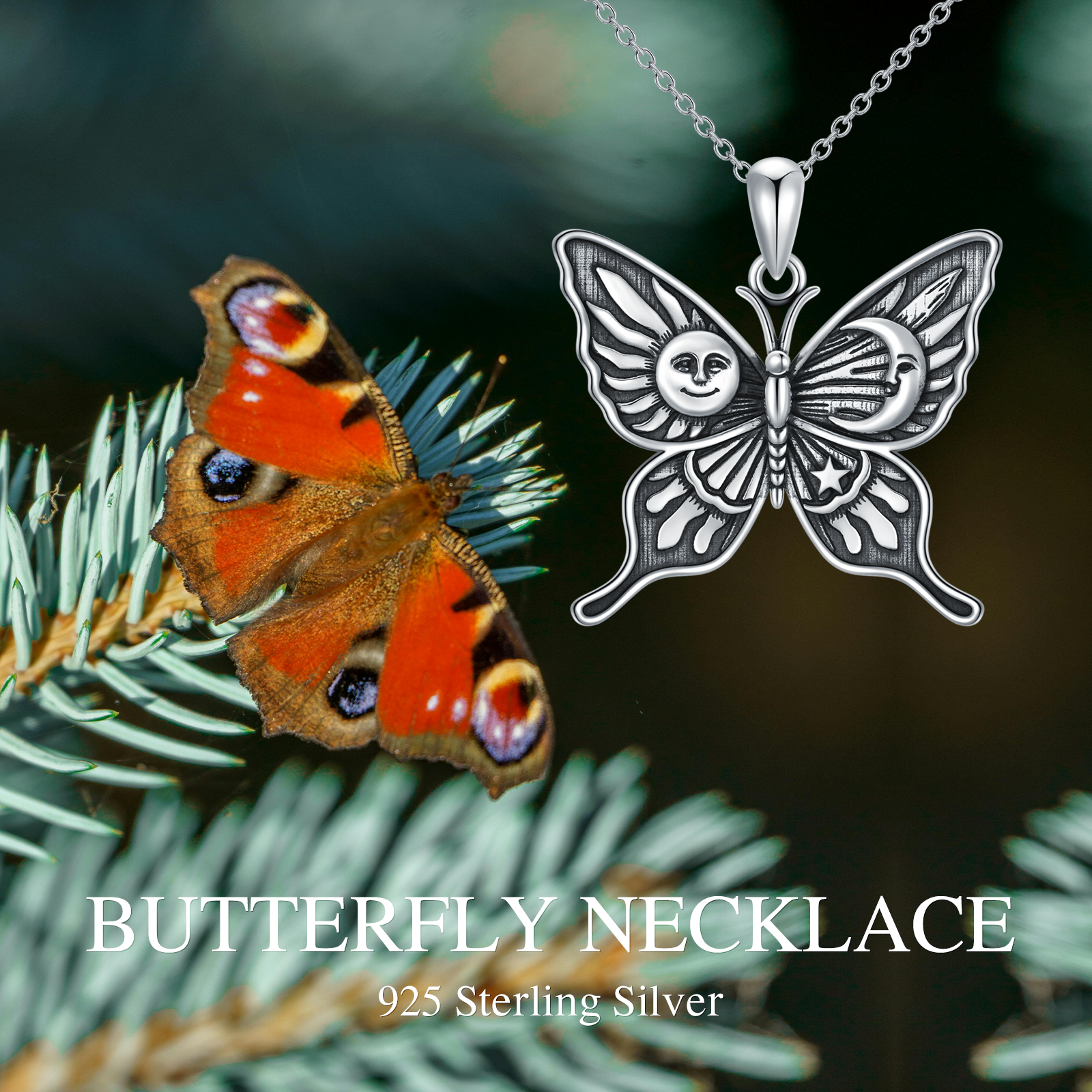 Butterfly Necklace 925 Sterling Silver Sun Moon and Star Celestial Butterfly Jewelry Gifts