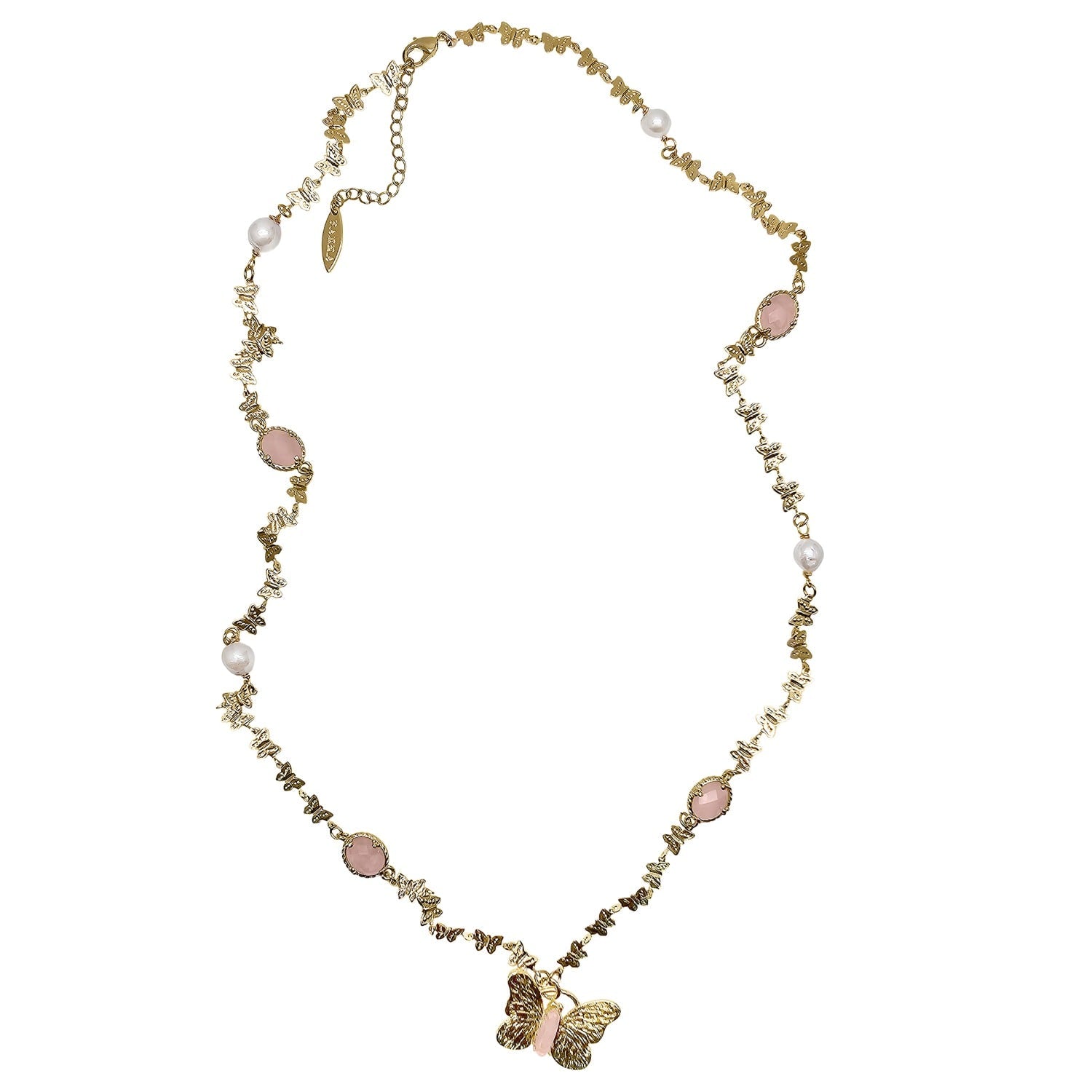Butterfly Pendant With Rose Quartz Stones Long Necklace