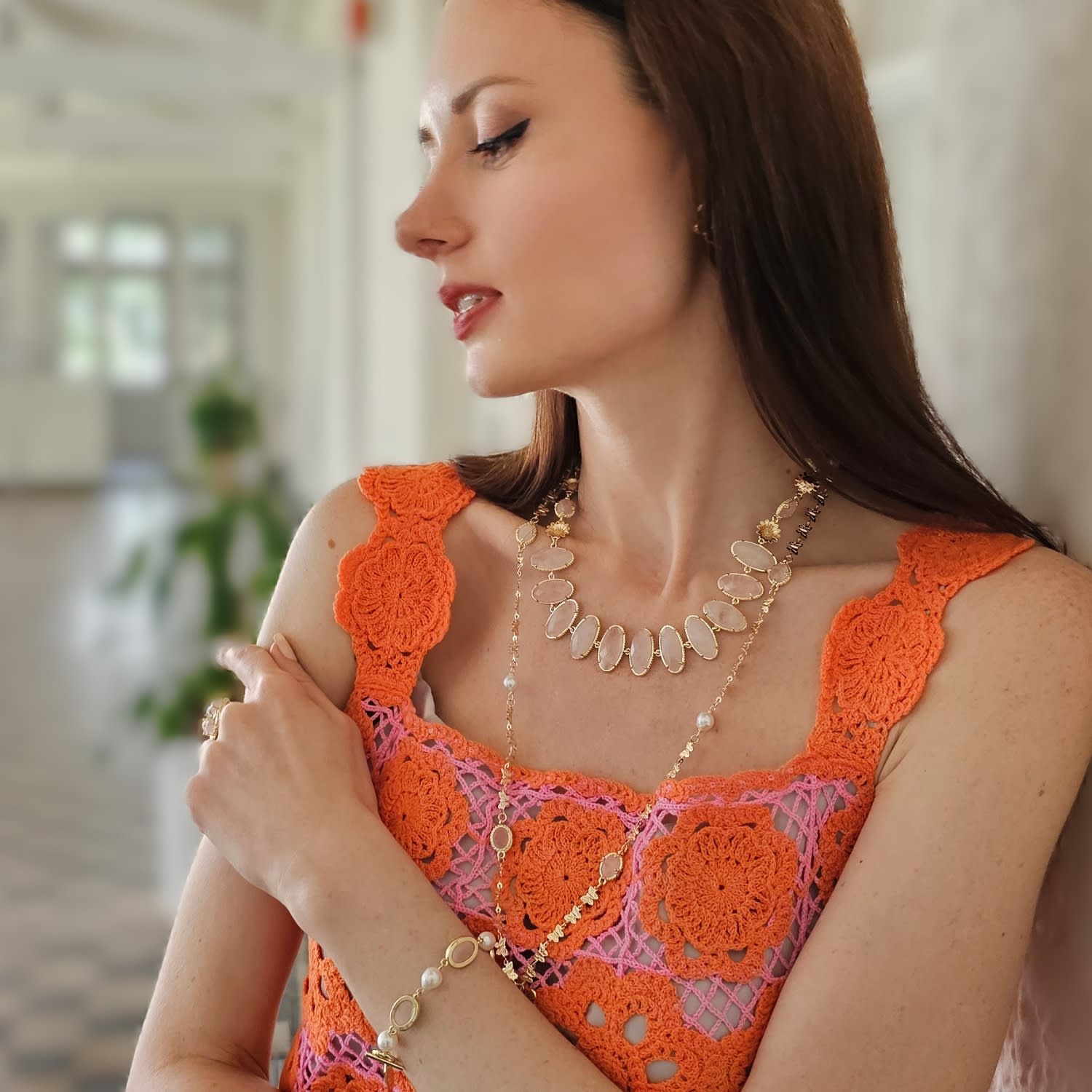 Butterfly Pendant With Rose Quartz Stones Long Necklace