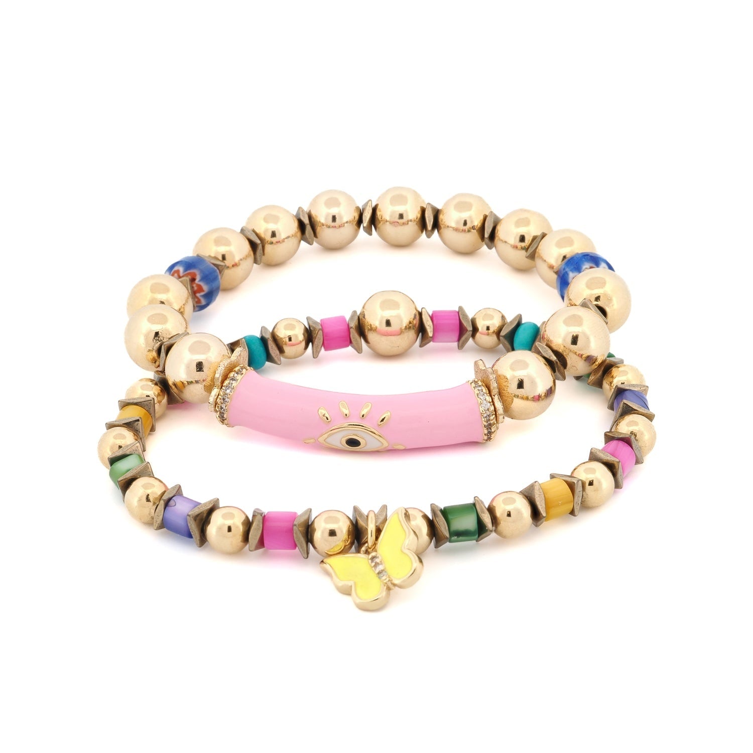 Butterfly Pink Evil Eye Harmony Beaded Bracelet Set - Multicolor
