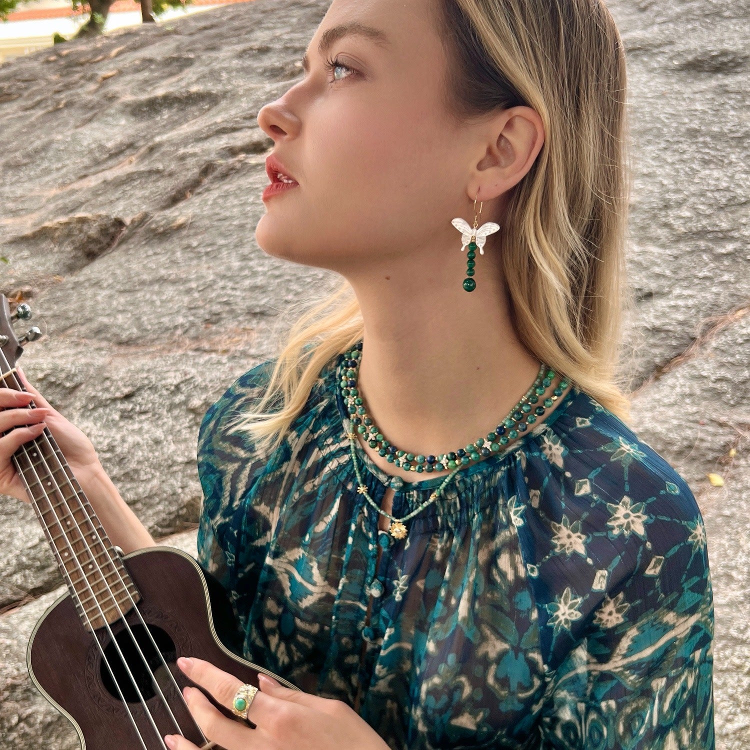 Butterfly-Shaped Shell With Malachite Statement Earrings