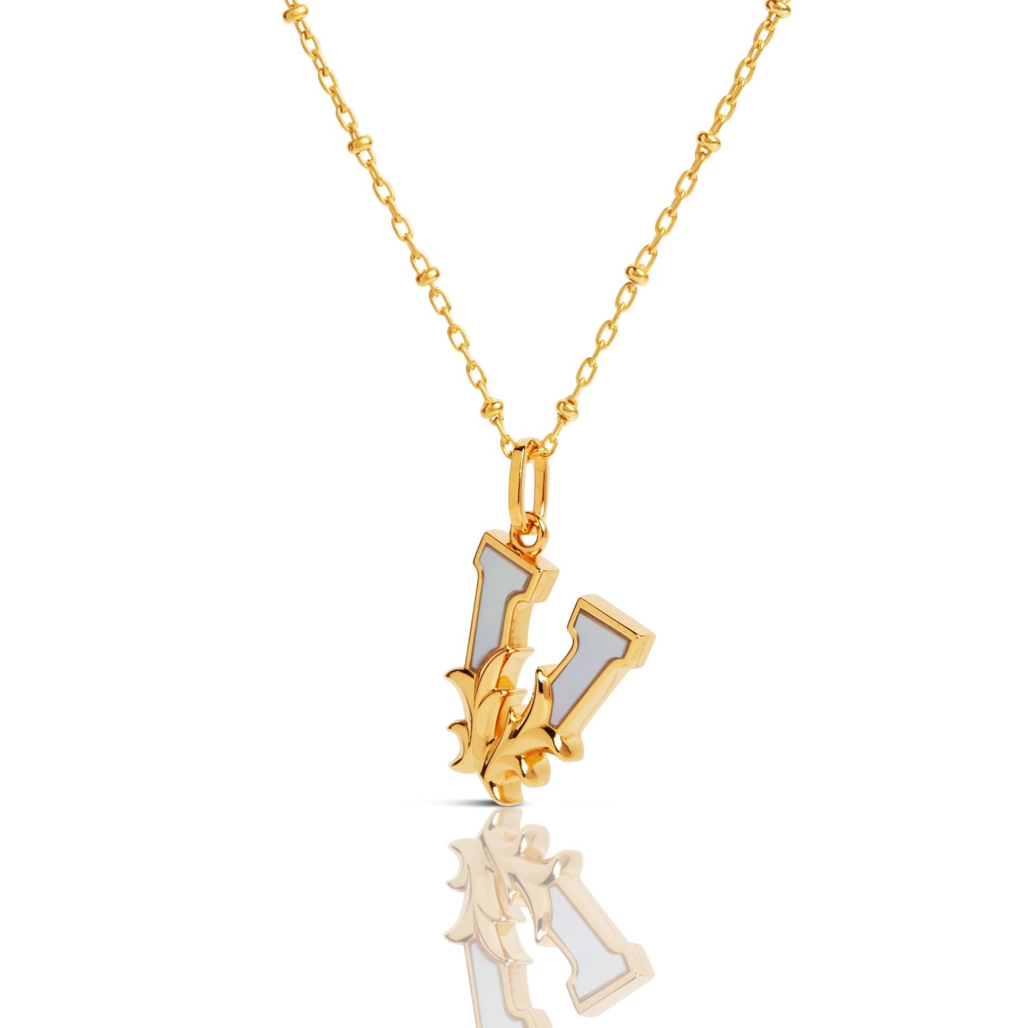 Gold Plated V Initial Necklace With Mother Of Pearl
