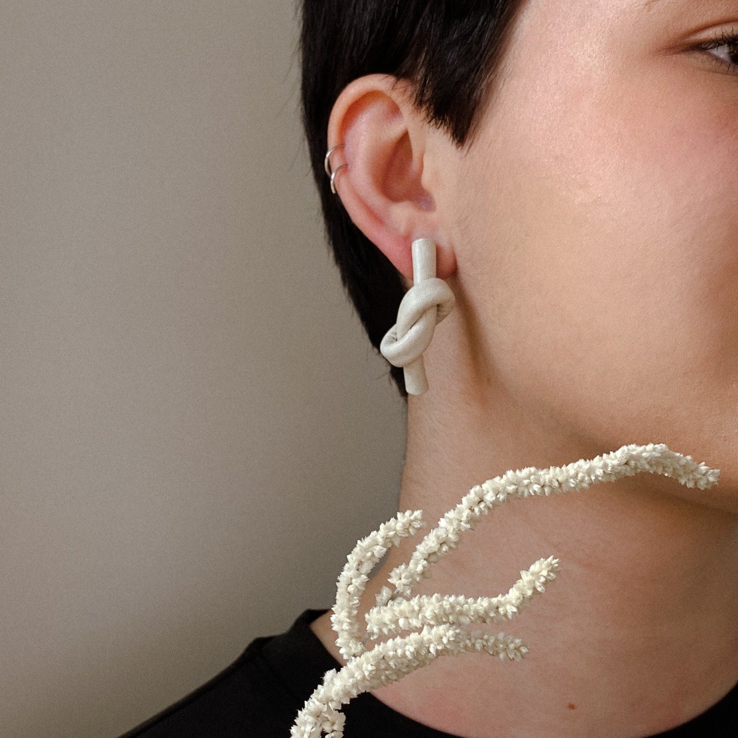 Ivory Knot Leather Earrings