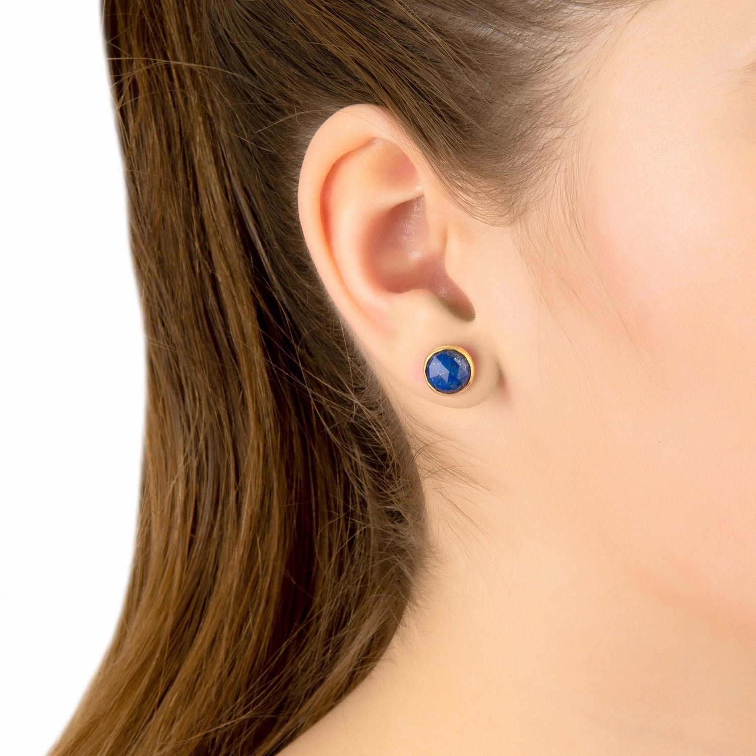 Medium Circle Stud Earrings Lapis Lazuli Gold