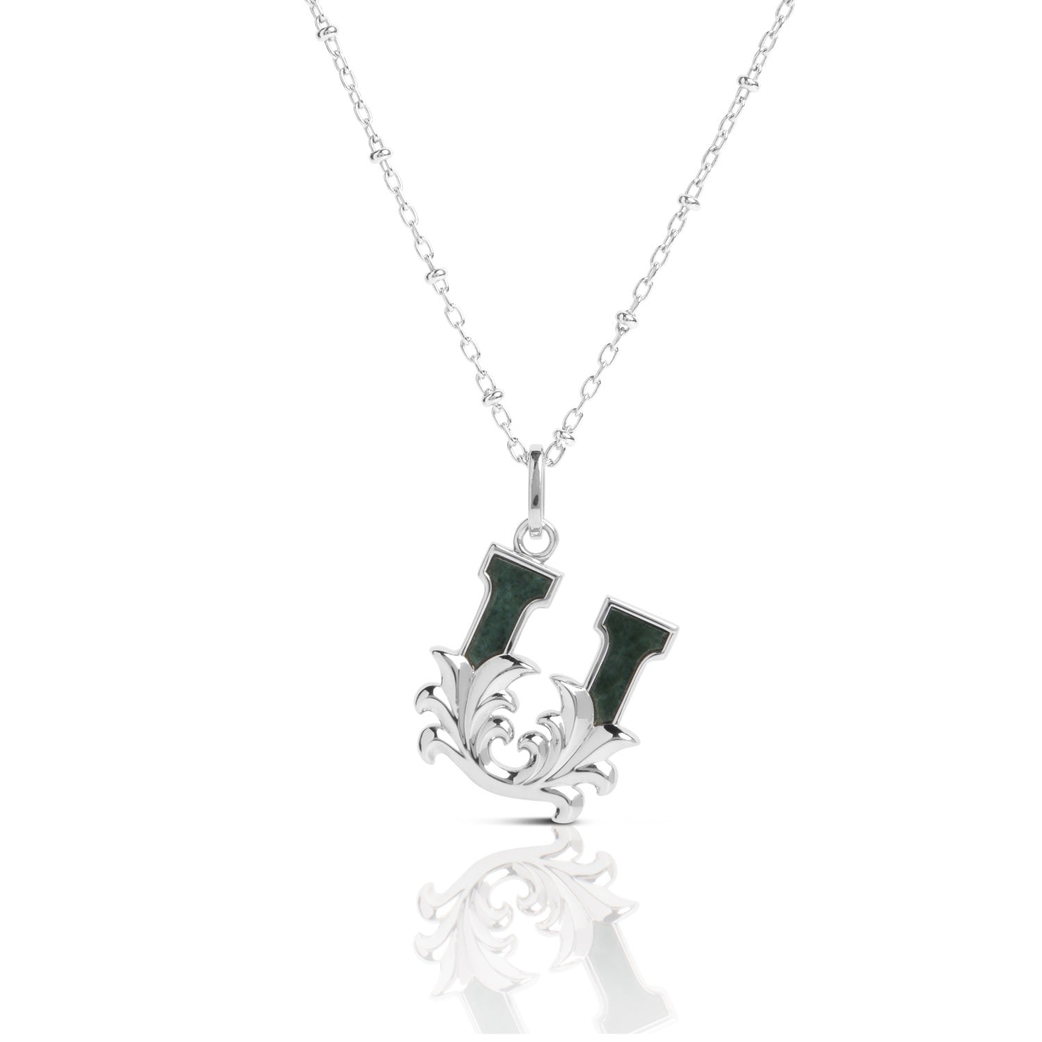 Solid Silver U Initial Necklace With Green Marble