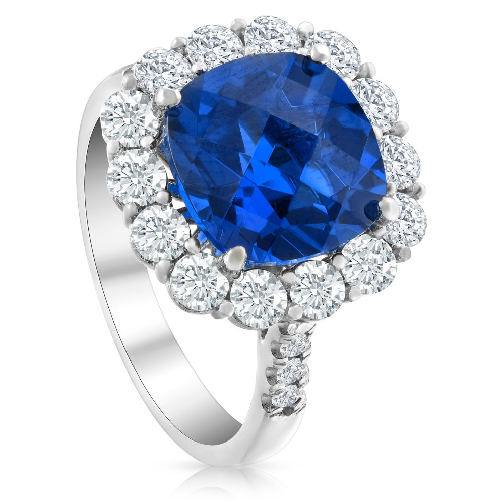 6 1/2 Ct Diamond Halo Created Sapphire Ring 10k White Gold