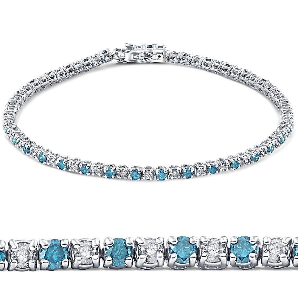 3ct Blue & White Diamond Tennis Bracelet 14K White Gold 7'