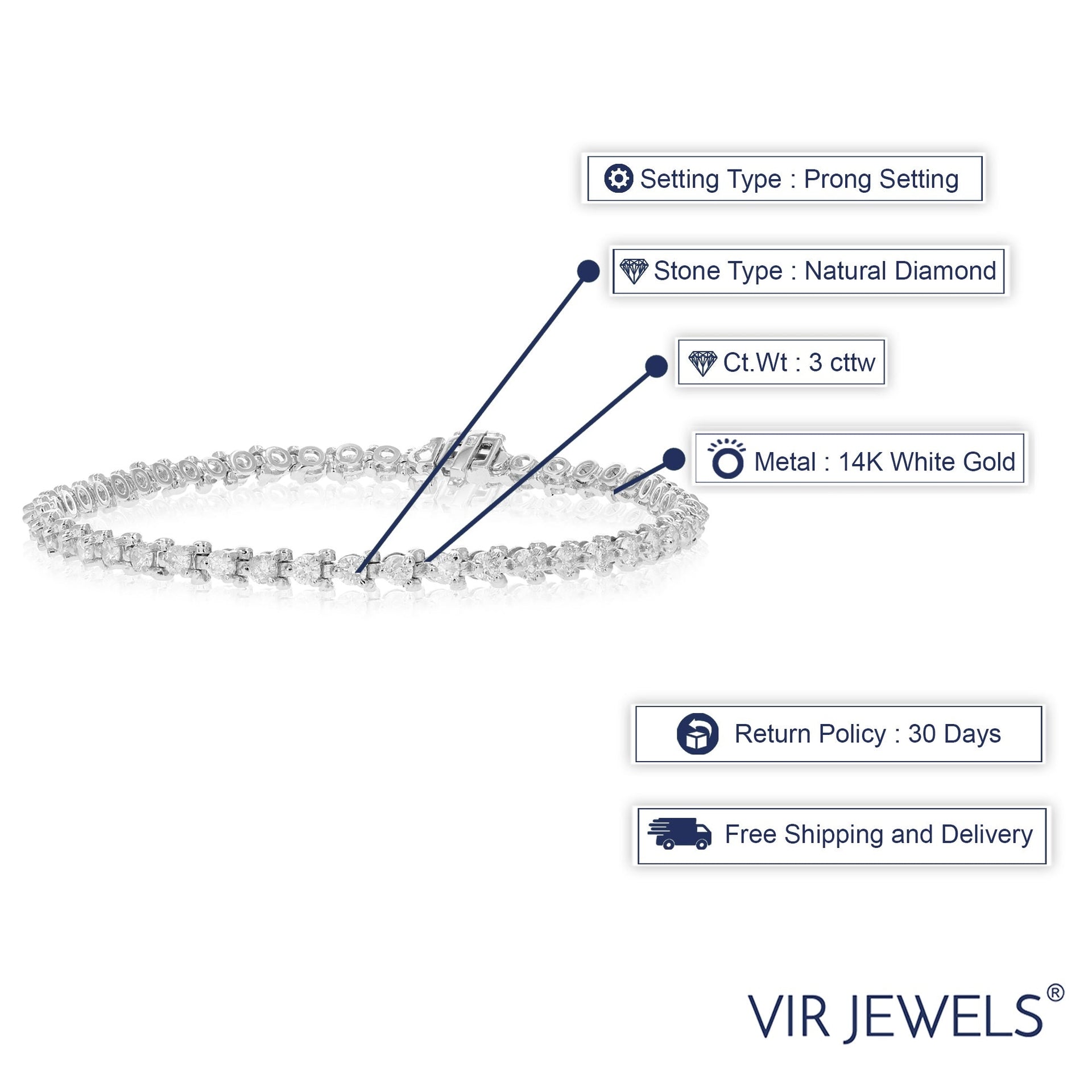 3 cttw I1-I2 Certified Diamond Bracelet 14K White Gold G-H 3 Prong Round 7 Inch