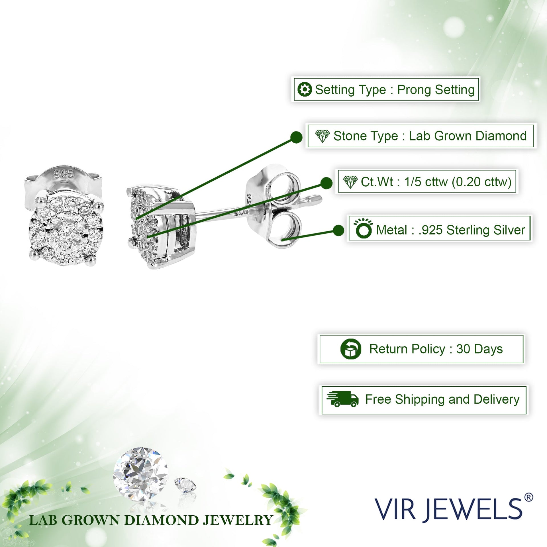 Lab Grown Diamond Stud Earrings 1/5 cttw on .925 Sterling Silver Round Cut and Prong Set