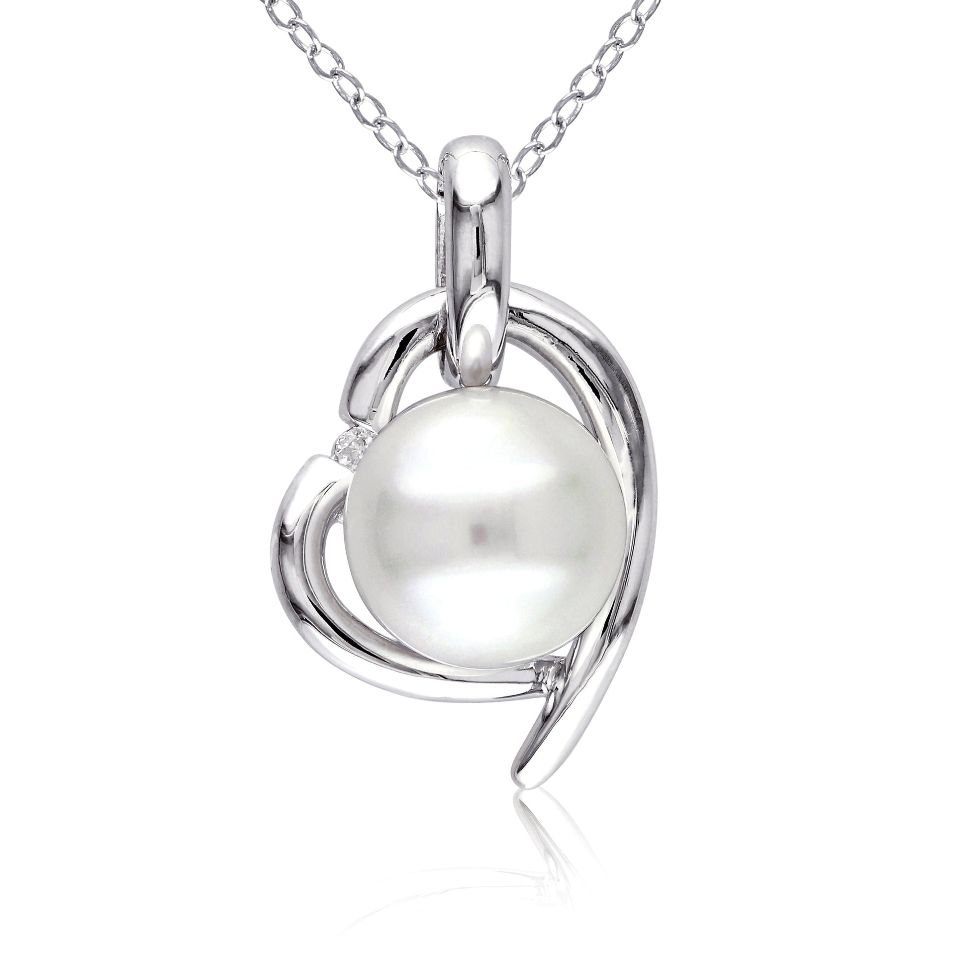 8.5-9mm White Cultured Freshwater Pearl and Diamond Heart Necklace
