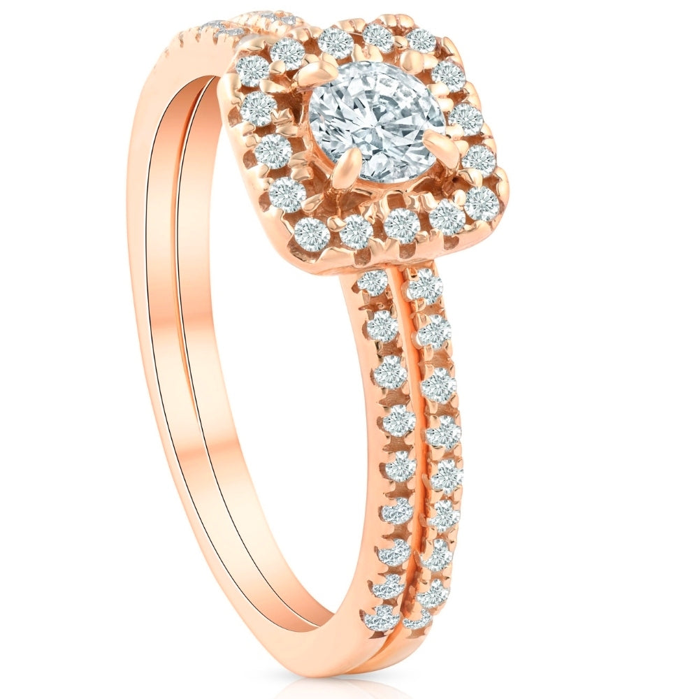 5/8 Ct TDW Diamond Cushion Halo Engagement Wedding Ring Set Rose Gold