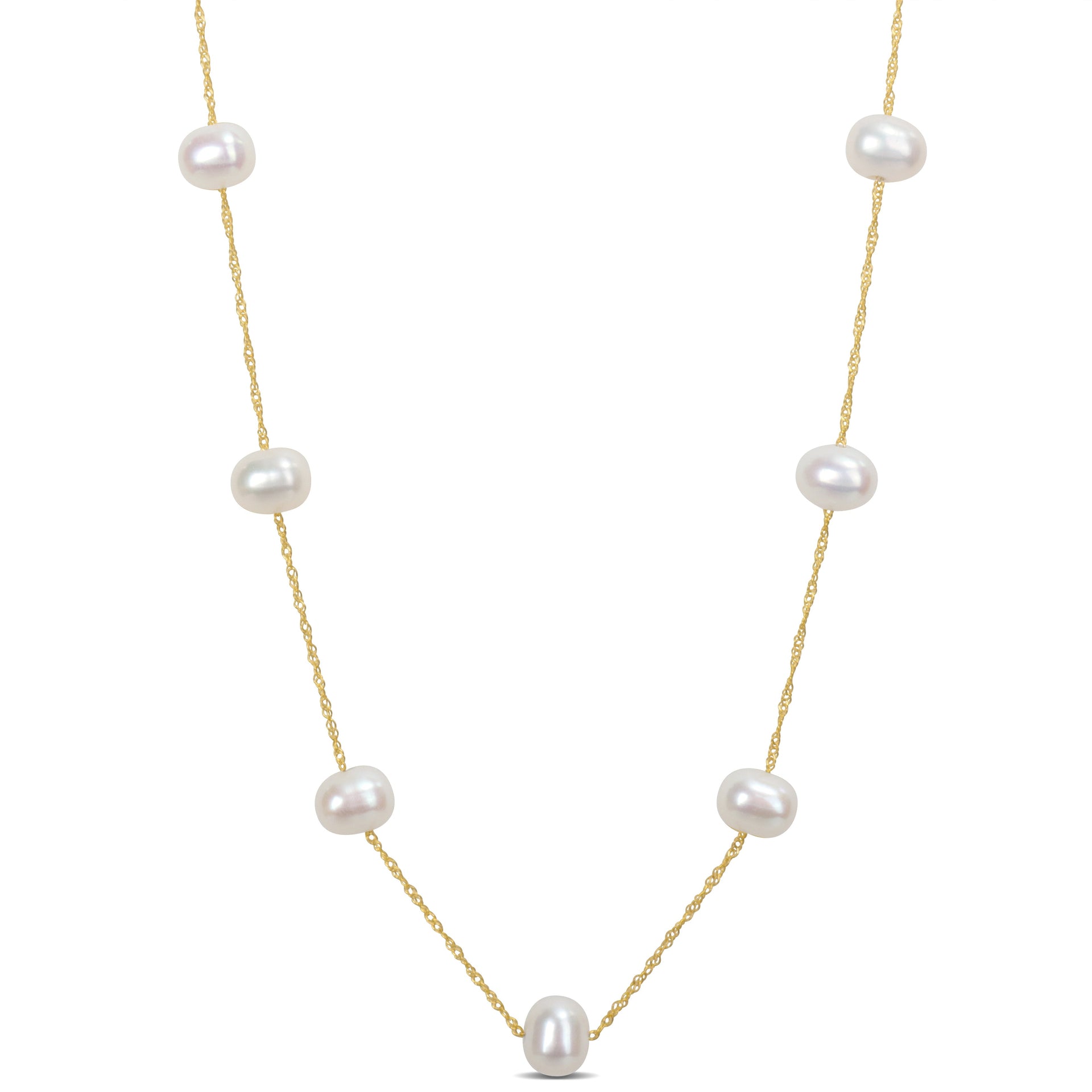 Cultured Freshwater Pearl Tin Cup Necklace with 10k Yellow Gold Rope Chain and Clasp