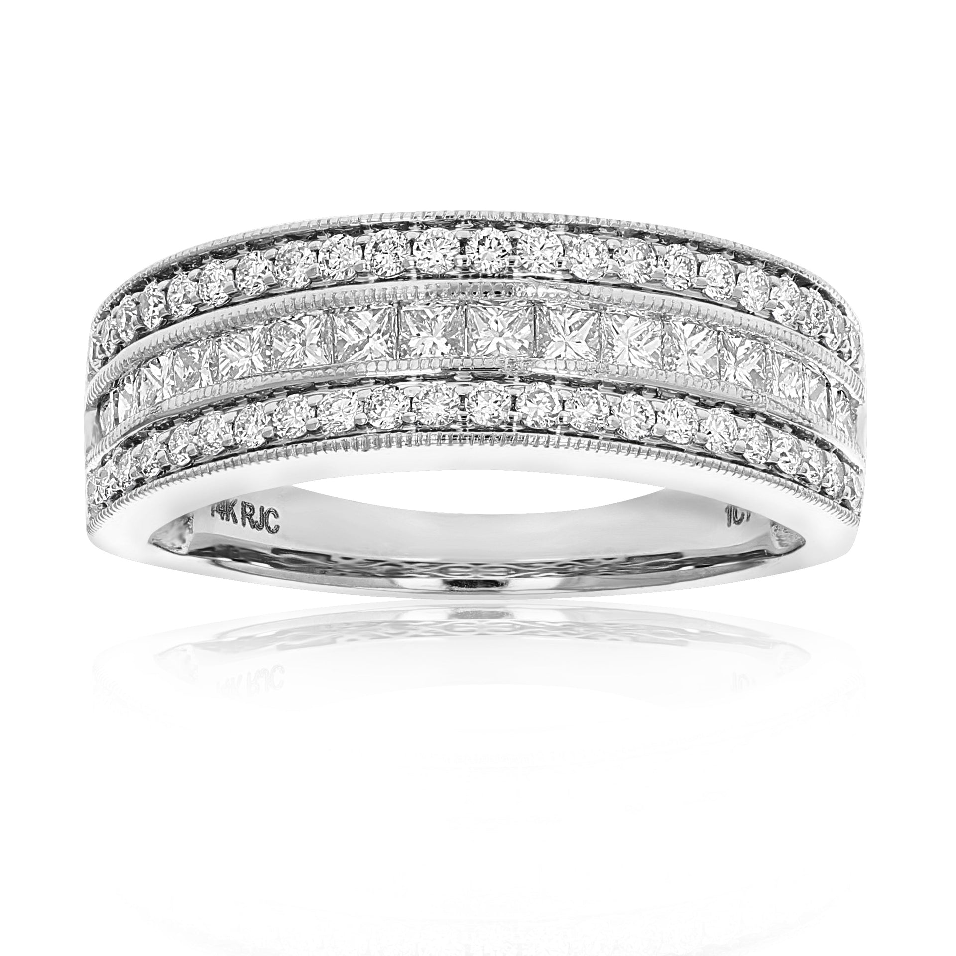 1 Cttw Princess And Round Diamond Wedding Band In 14K Gold With Milgrain