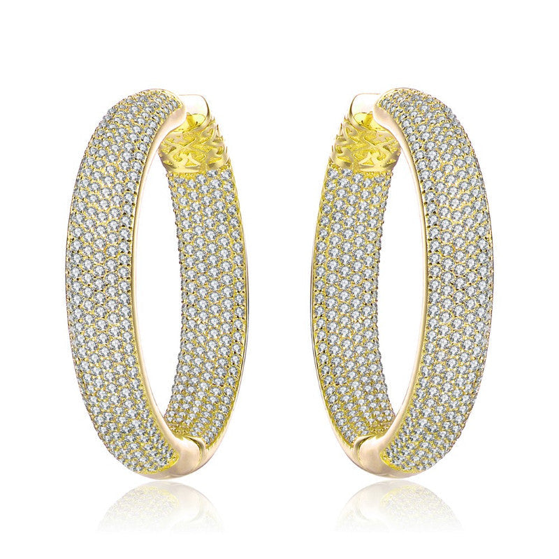 Sterling Silver with Clear Cubic Zirconia 10-Row French Pave Inside Out Large Tubular Hoop Earrings